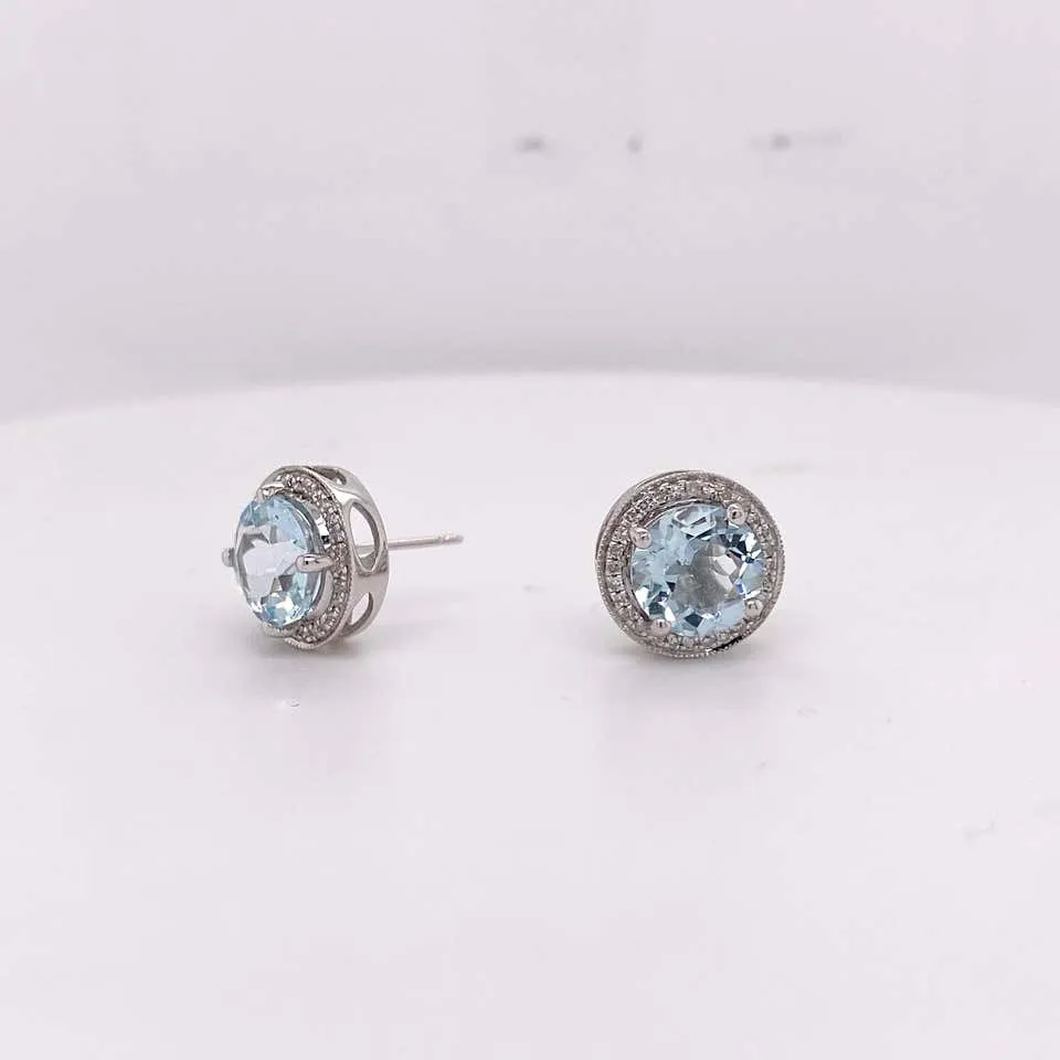 Aquamarine Diamond Halo Studs Earrings