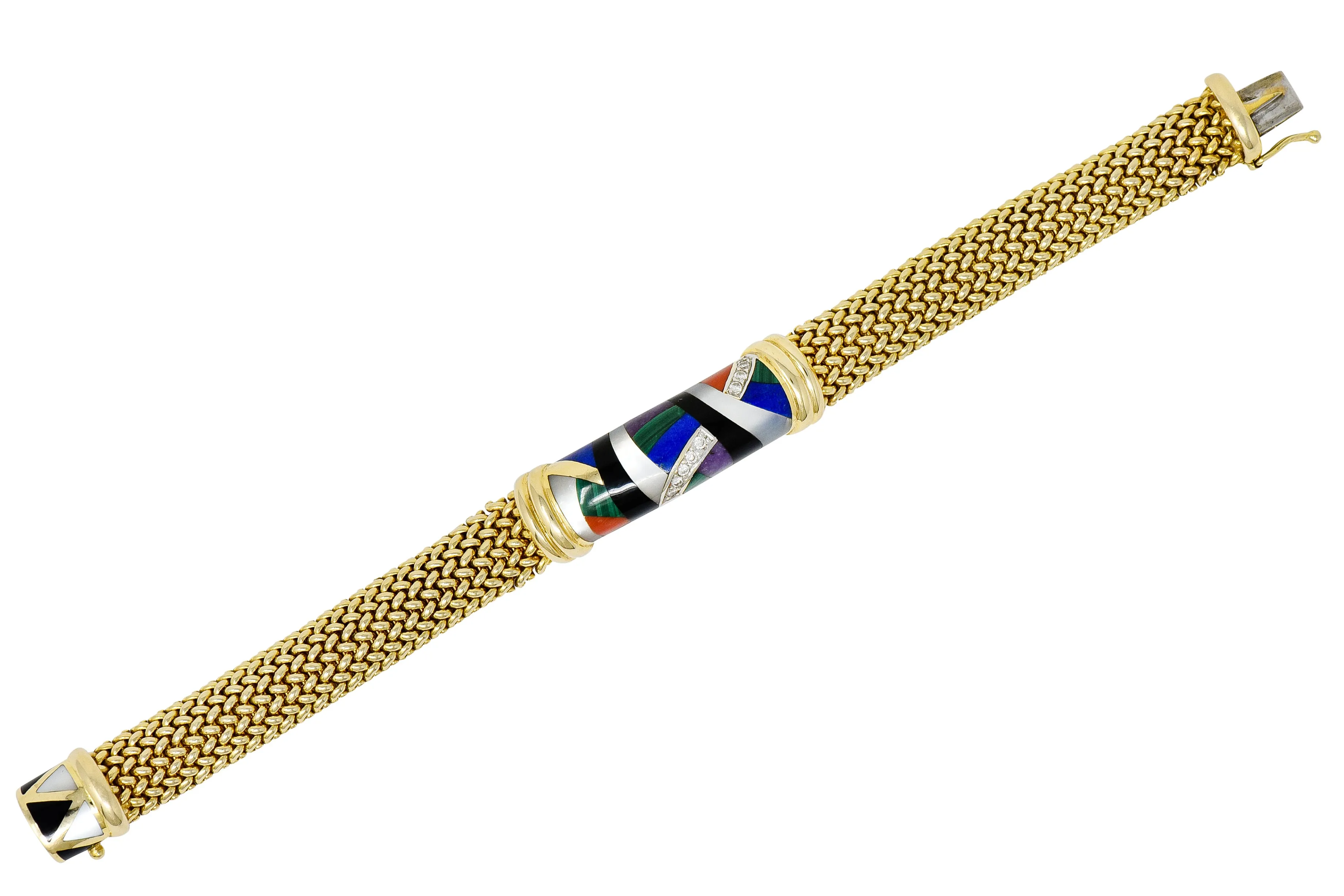 Asch Grossbardt Vintage Diamond Gemstone Inlay 14 Karat Gold Mesh Bracelet