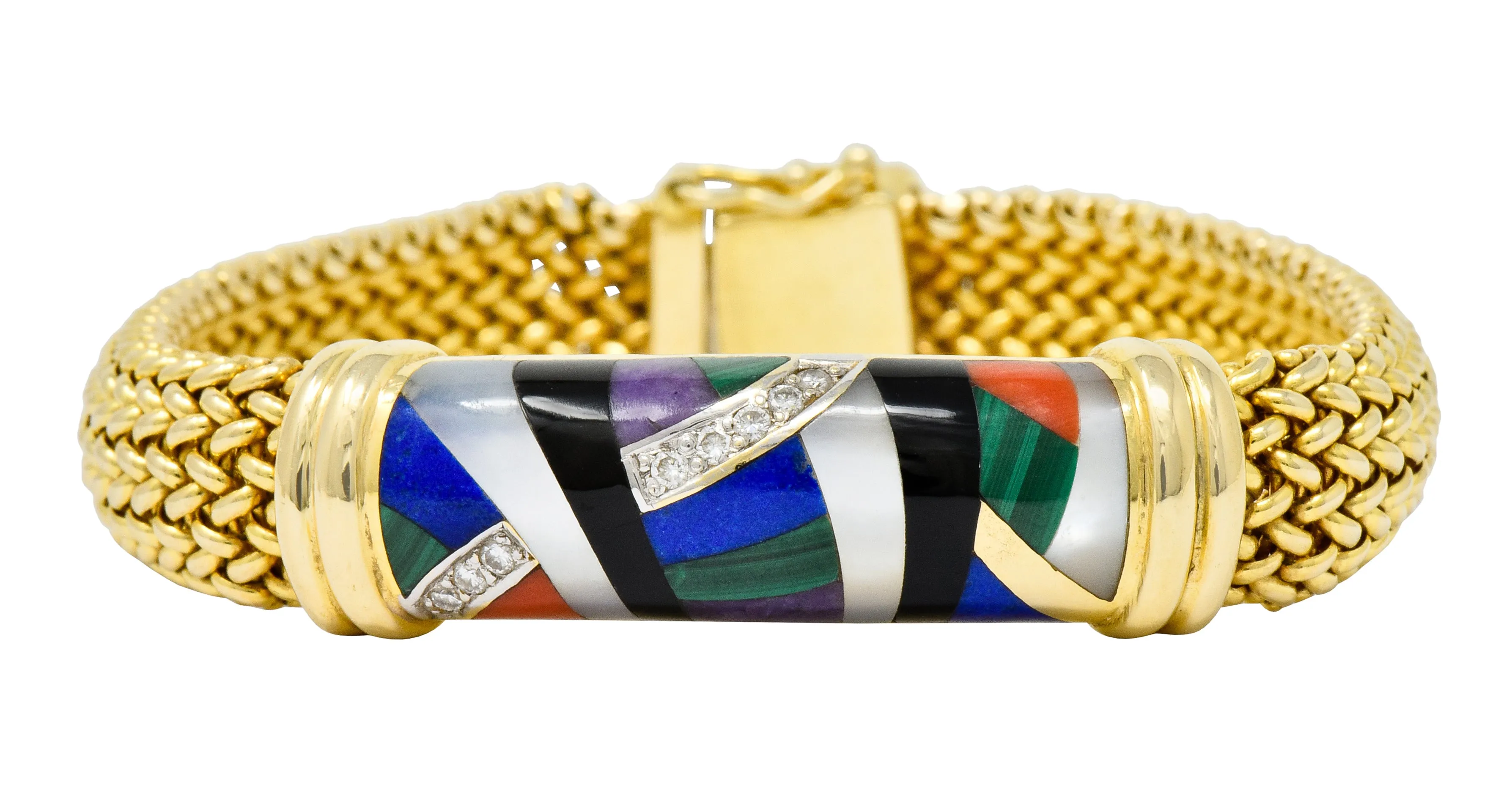 Asch Grossbardt Vintage Diamond Gemstone Inlay 14 Karat Gold Mesh Bracelet