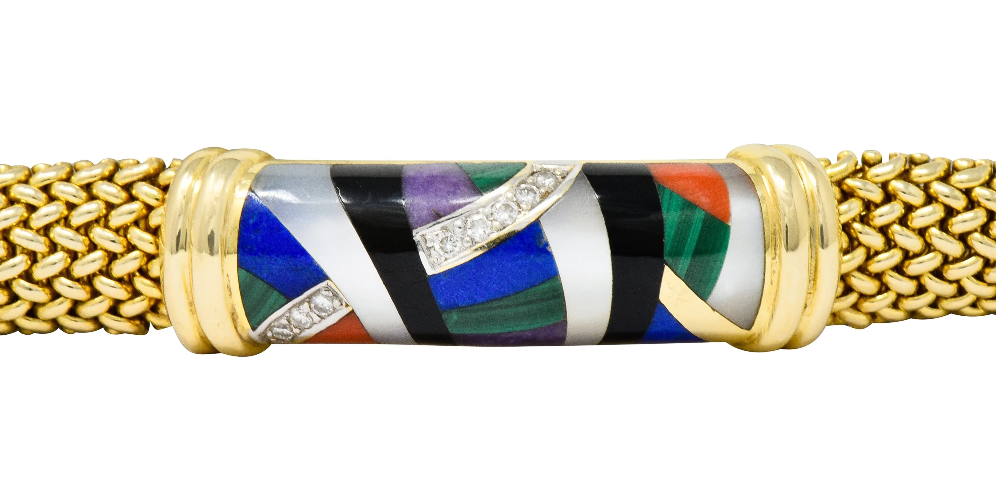 Asch Grossbardt Vintage Diamond Gemstone Inlay 14 Karat Gold Mesh Bracelet