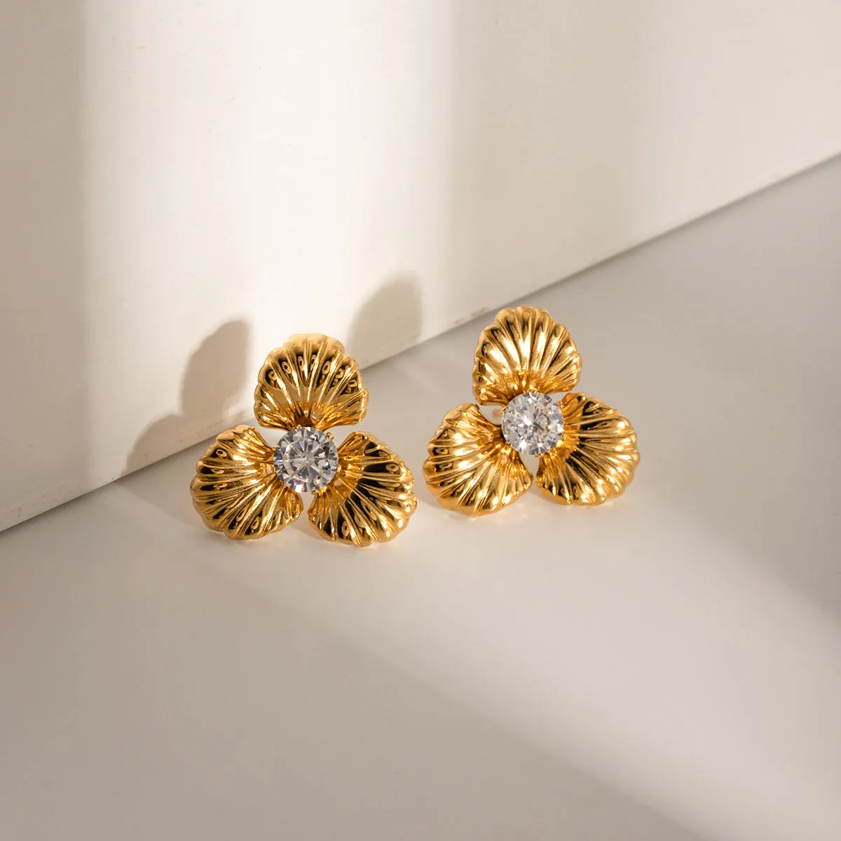 Big Flower Shape Stud Earrings Real 18K Gold Plated Stainless Steel Zircon Waterproof Jewelry
