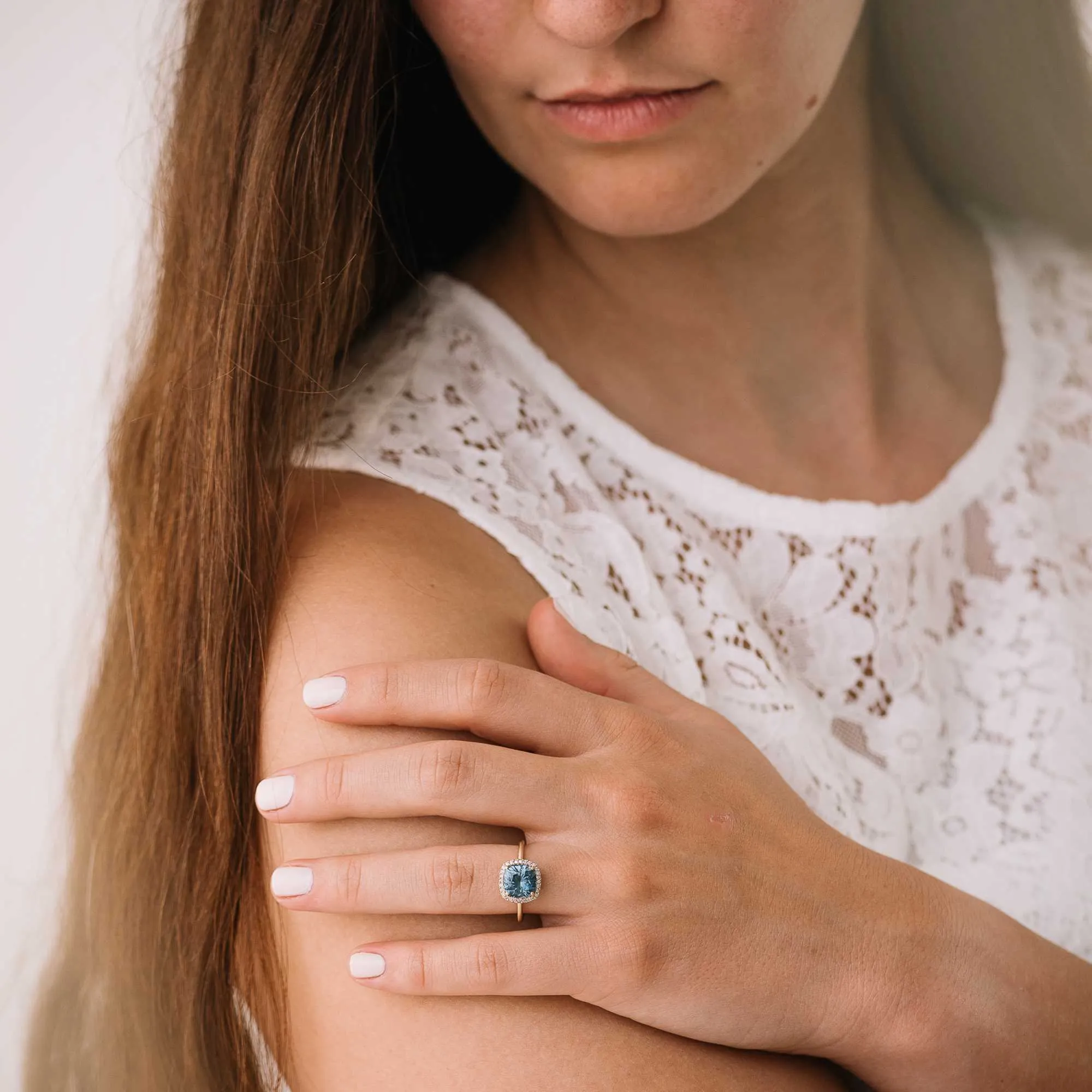 Blue Garnet Cushion Ring with Diamond Halo in 14k Gold