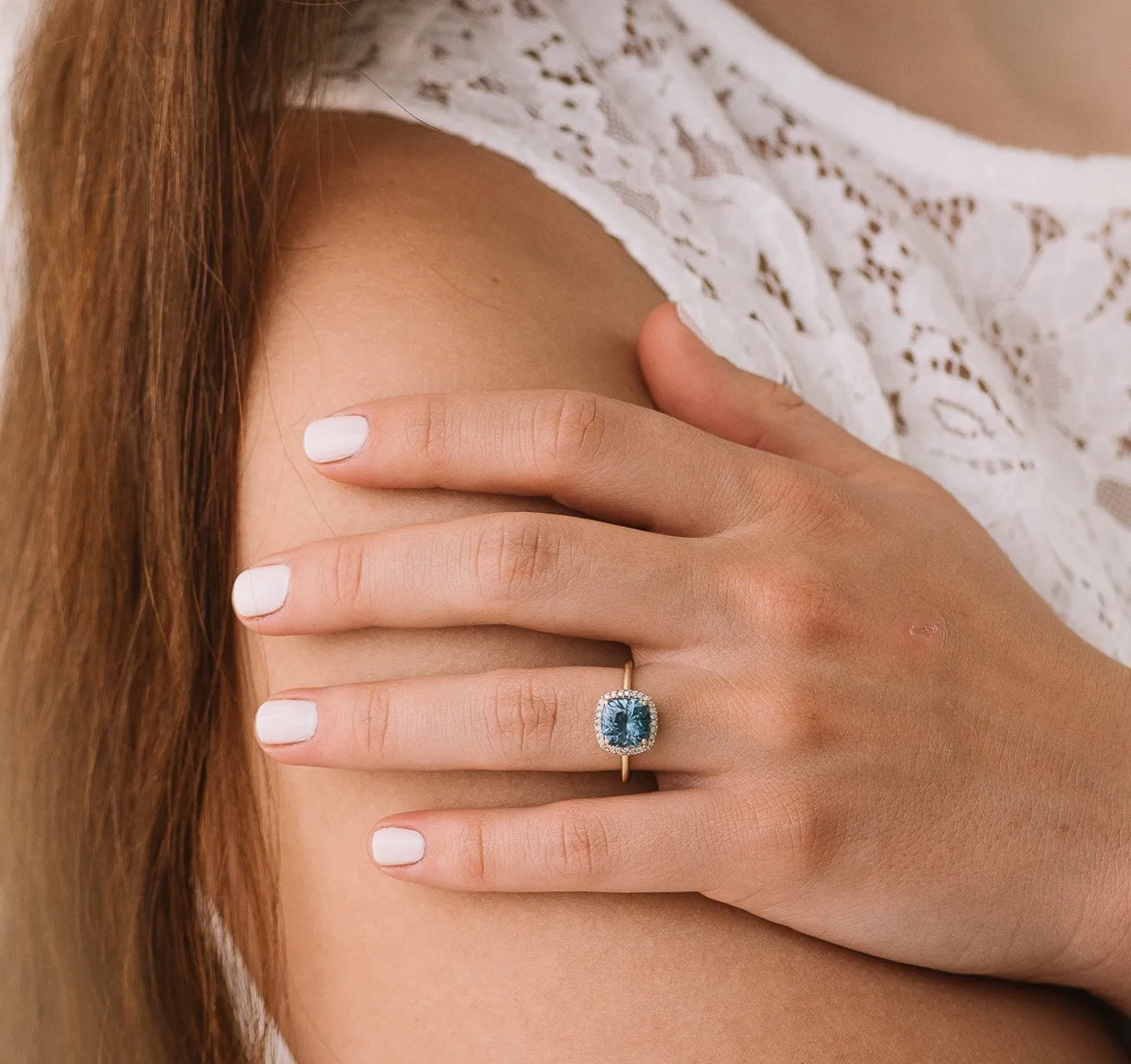 Blue Garnet Cushion Ring with Diamond Halo in 14k Gold