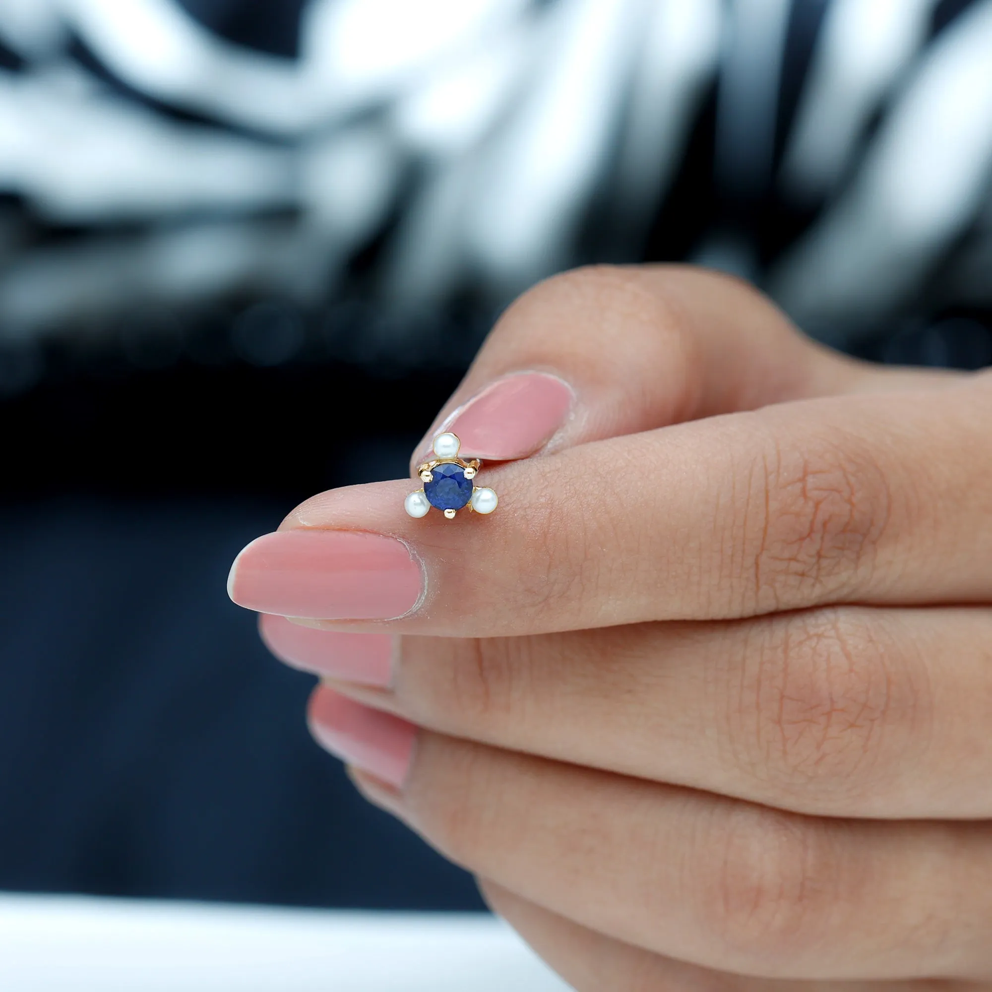 Blue Sapphire and Freshwater Pearl Cartilage Earring