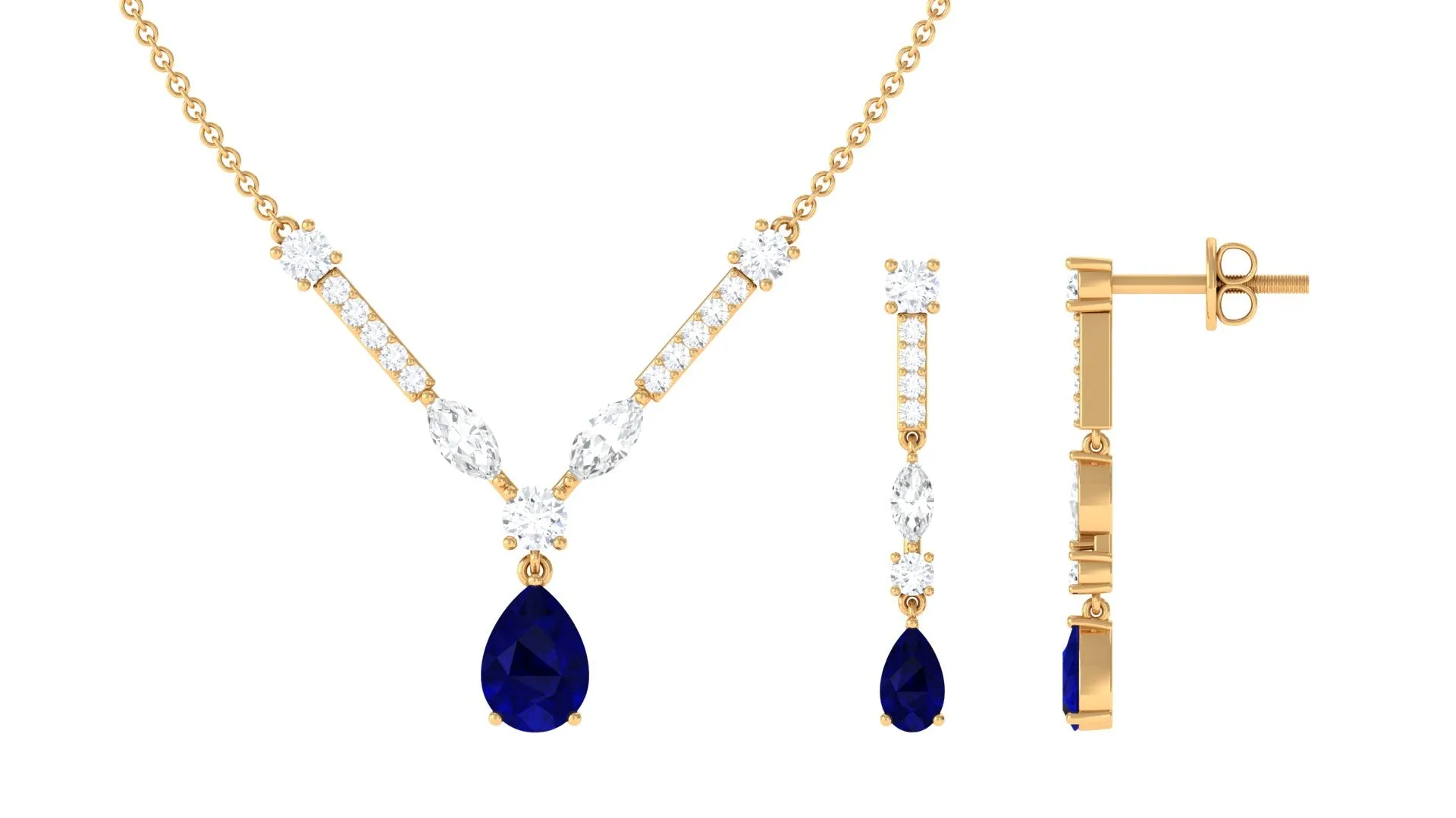 Blue Sapphire and Moissanite Drop Necklace Earrings Set