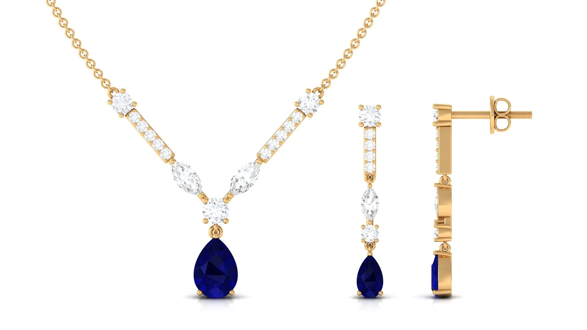 Blue Sapphire and Moissanite Drop Necklace Earrings Set