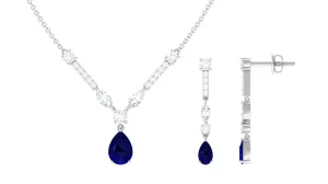 Blue Sapphire and Moissanite Drop Necklace Earrings Set