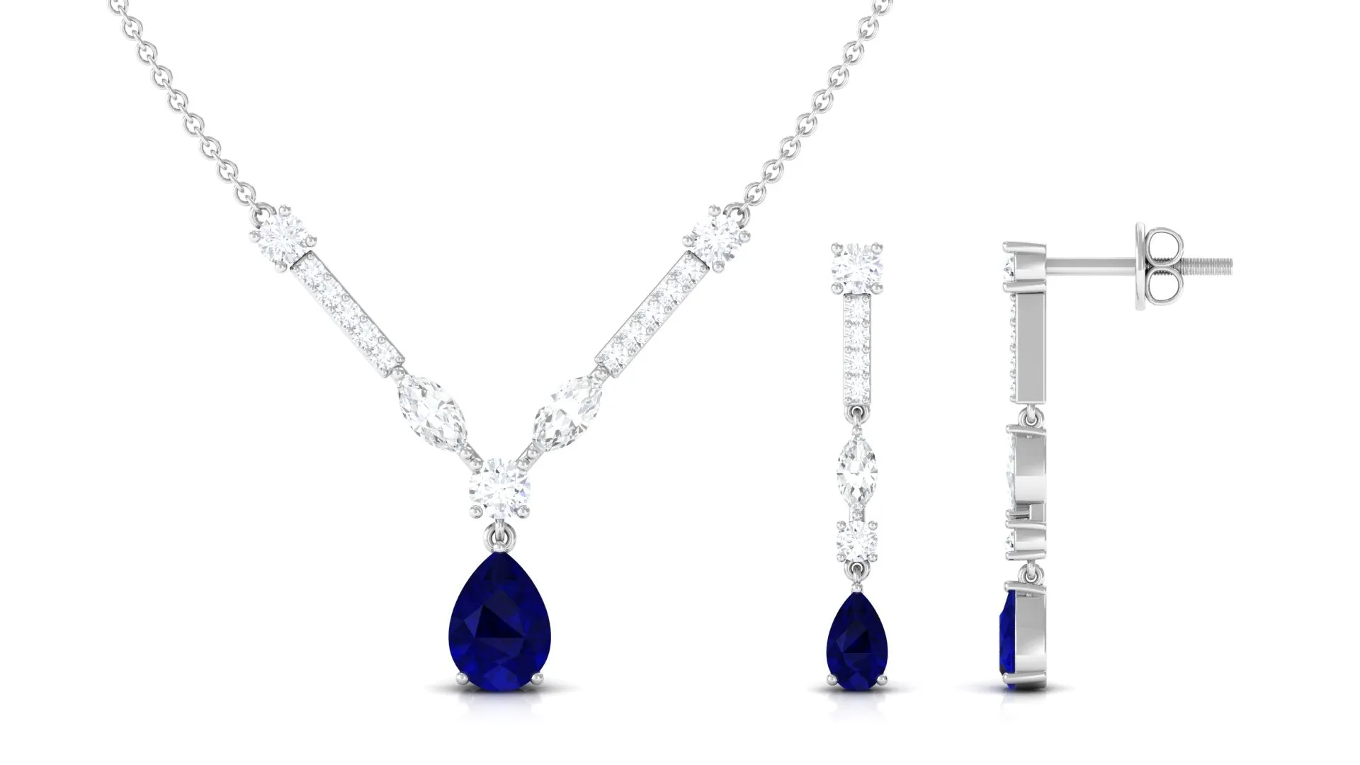 Blue Sapphire and Moissanite Drop Necklace Earrings Set