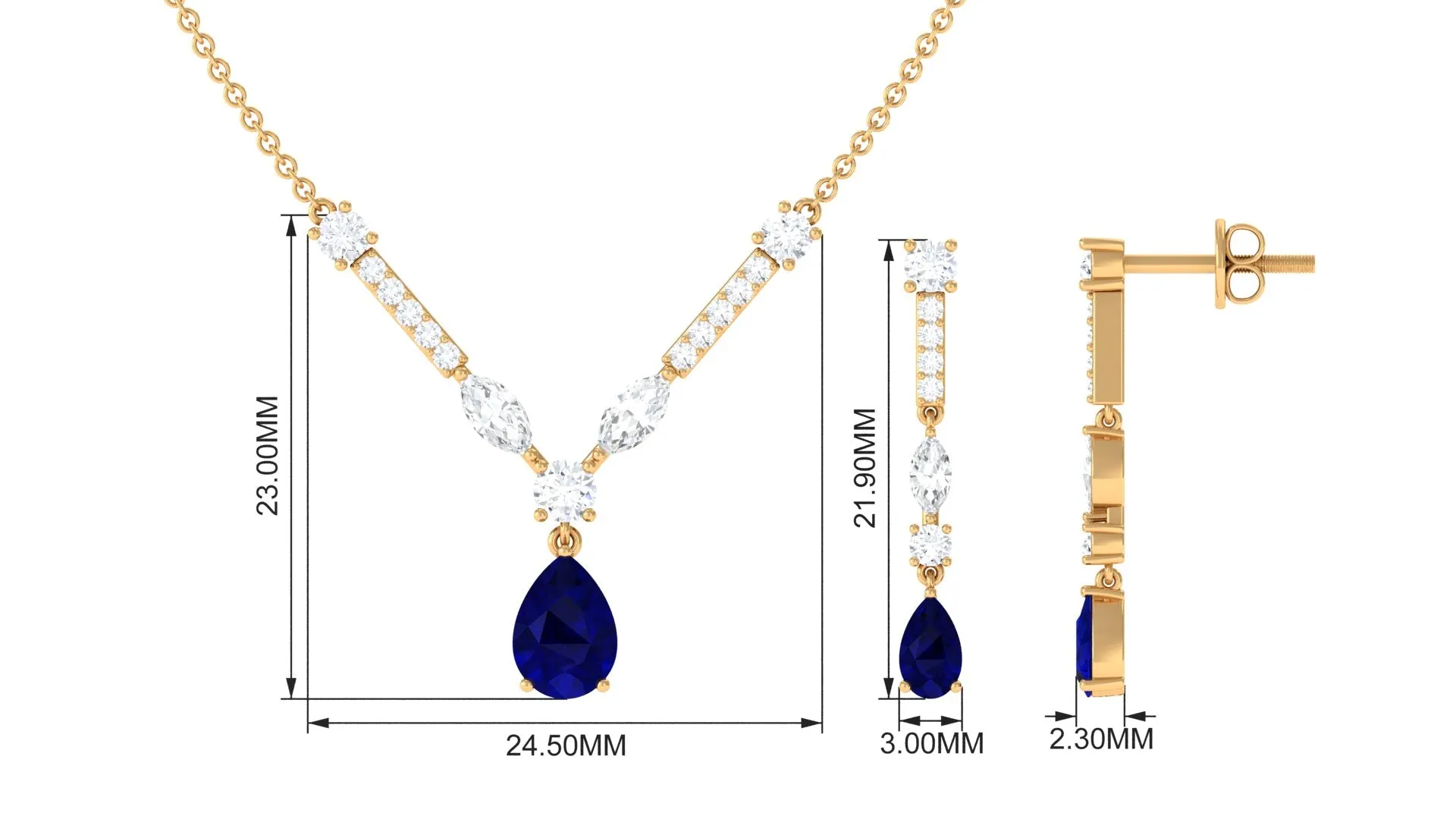 Blue Sapphire and Moissanite Drop Necklace Earrings Set