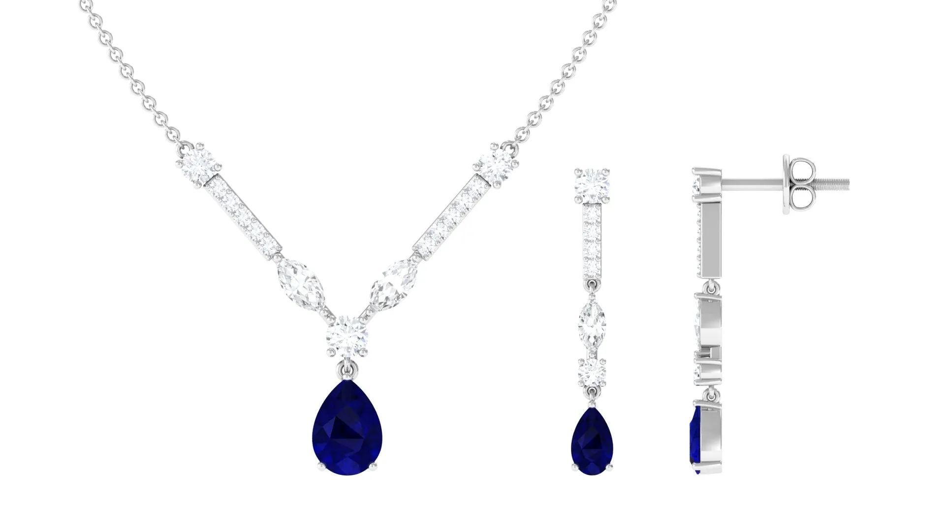 Blue Sapphire and Moissanite Drop Necklace Earrings Set