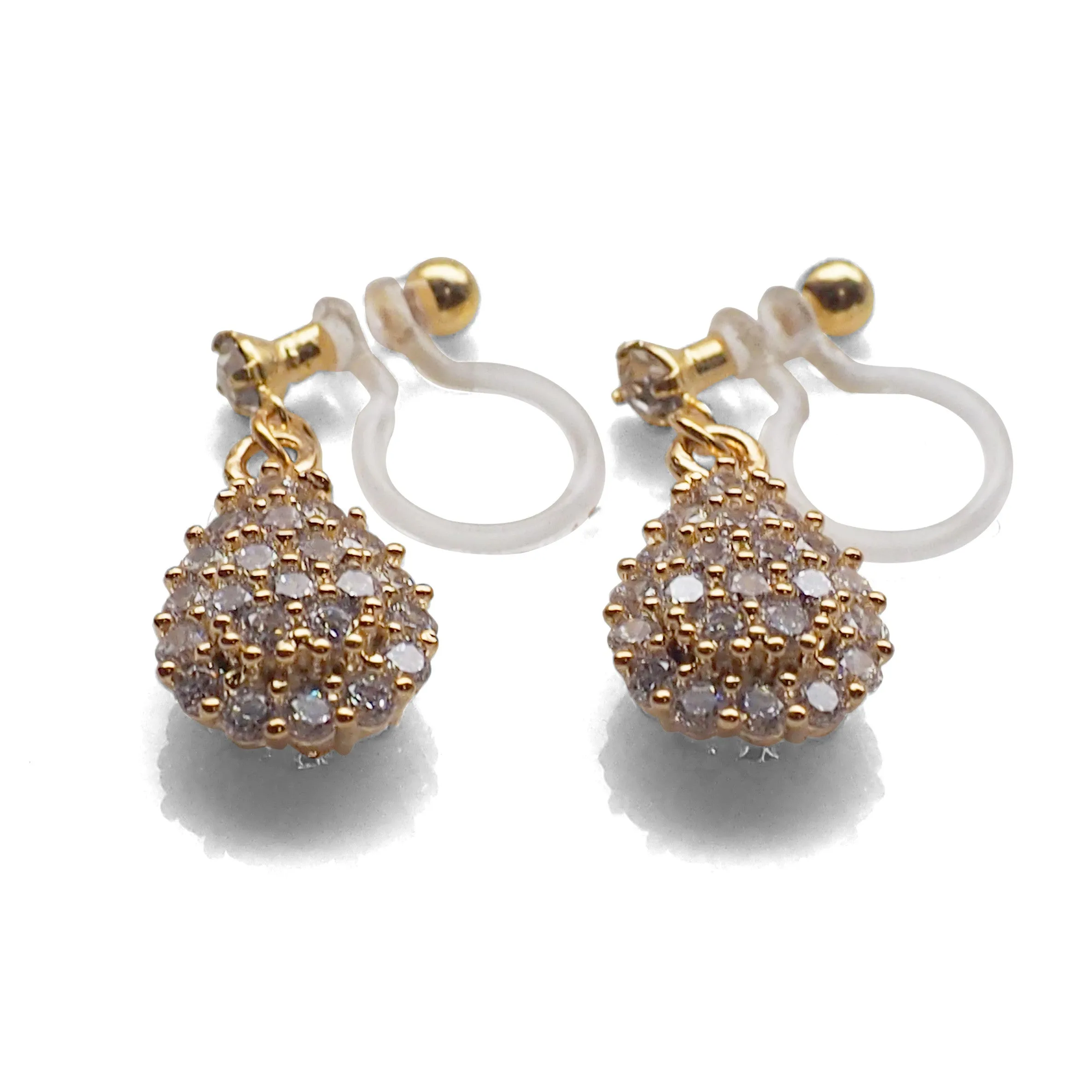 Bridal teardrop micro pave cubic zirconia invisible clip on earrings ( gold tone )