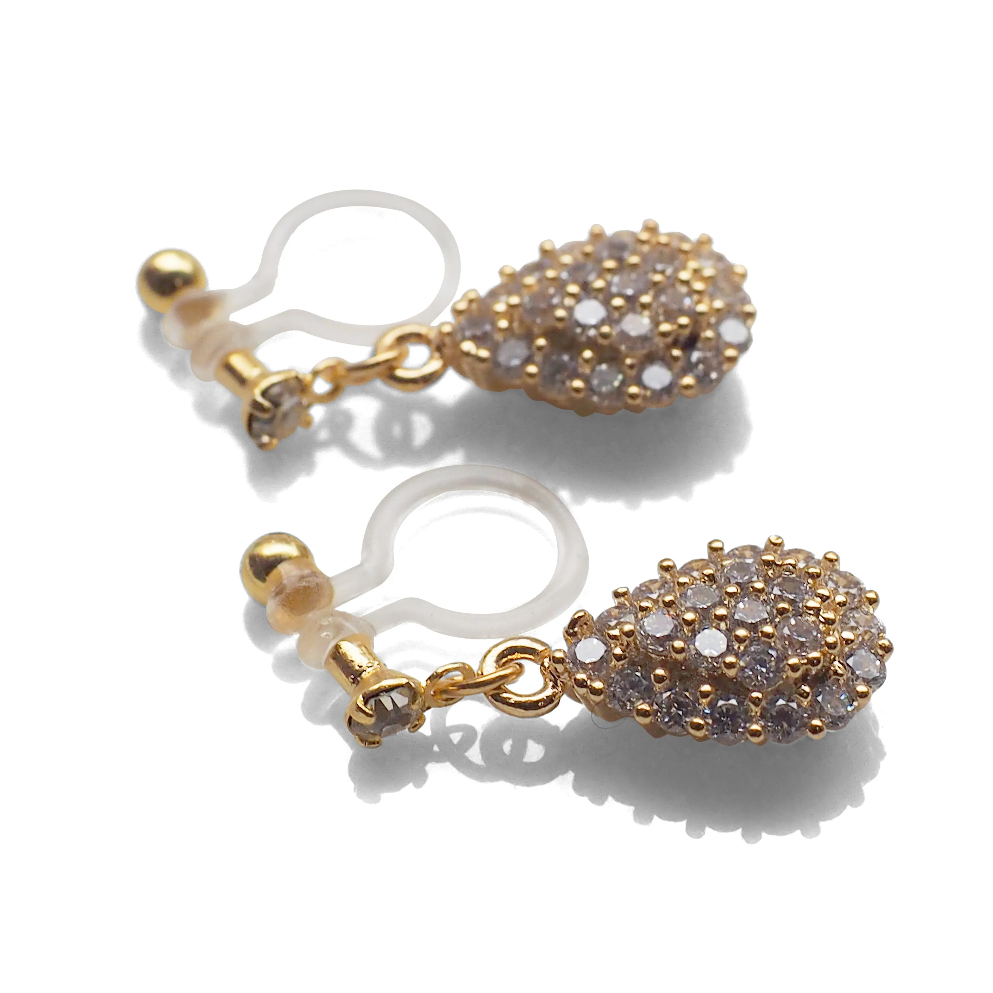 Bridal teardrop micro pave cubic zirconia invisible clip on earrings ( gold tone )