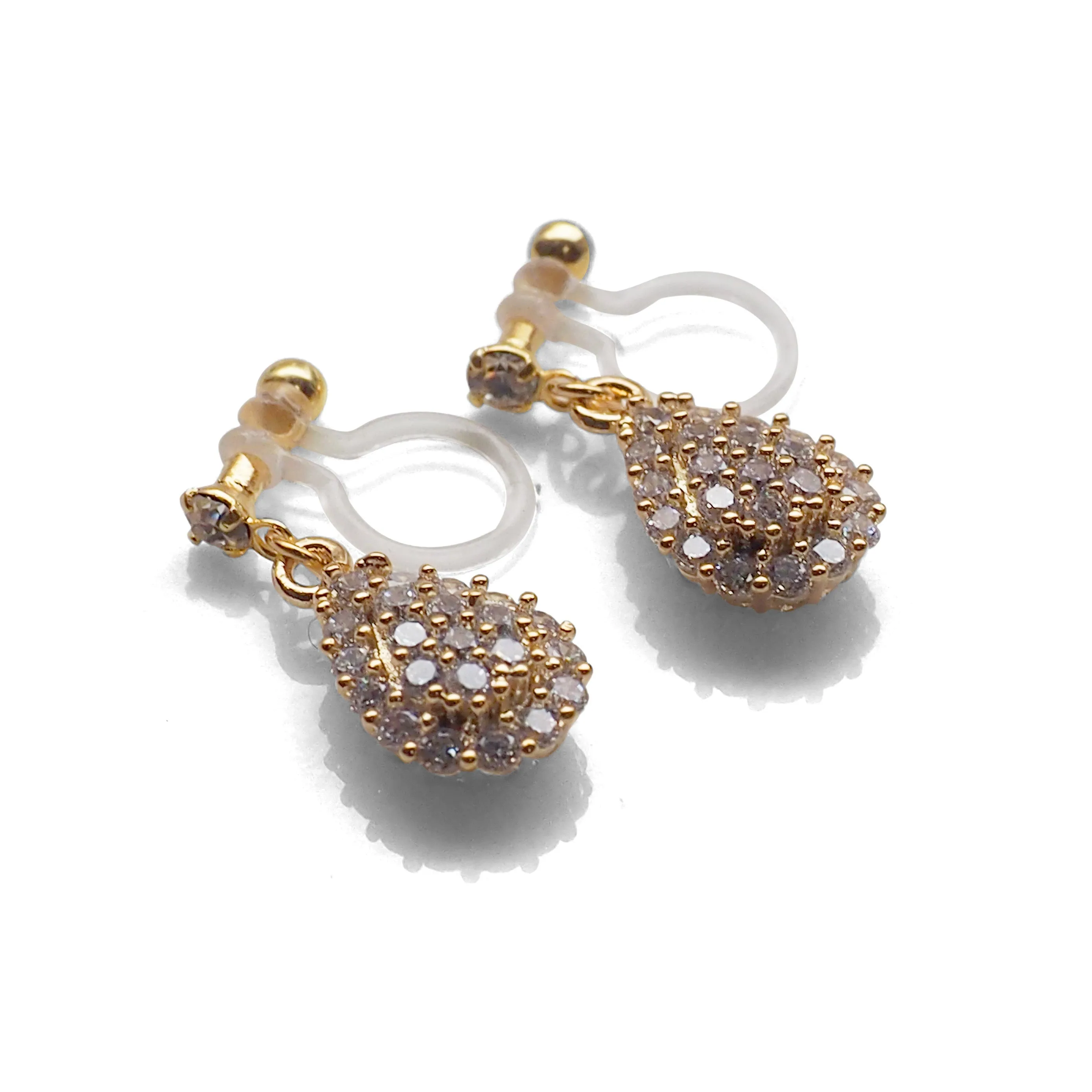 Bridal teardrop micro pave cubic zirconia invisible clip on earrings ( gold tone )