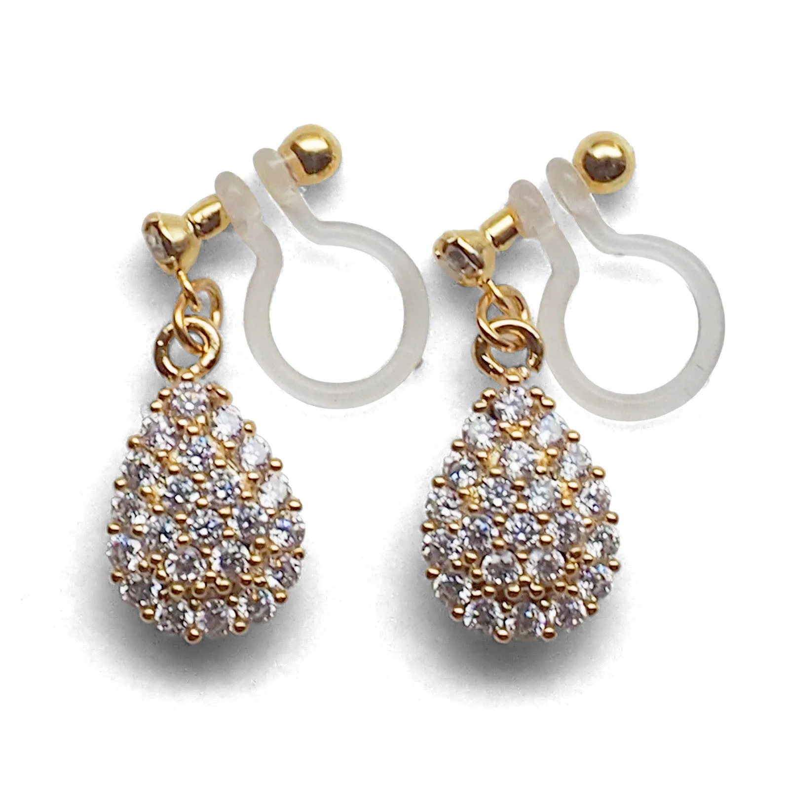Bridal teardrop micro pave cubic zirconia invisible clip on earrings ( gold tone )