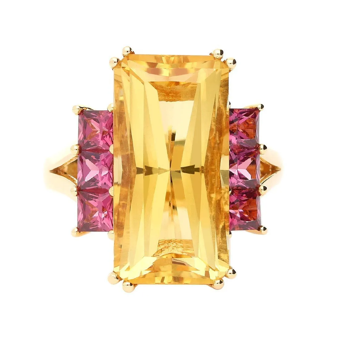 Buchwald 18ct rose gold citrine ring with pink rhodolite side stones