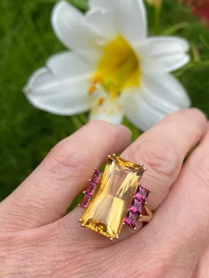 Buchwald 18ct rose gold citrine ring with pink rhodolite side stones