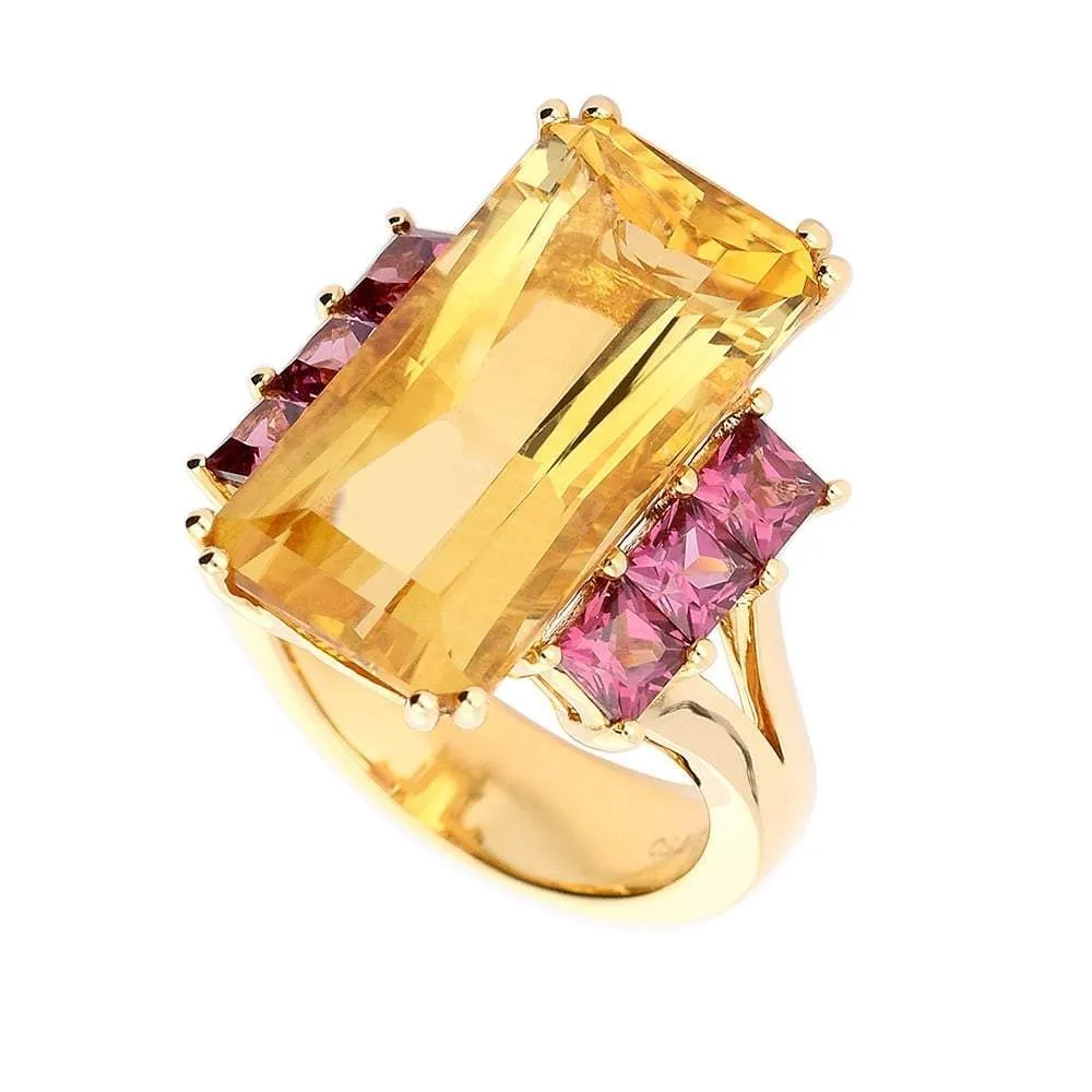 Buchwald 18ct rose gold citrine ring with pink rhodolite side stones
