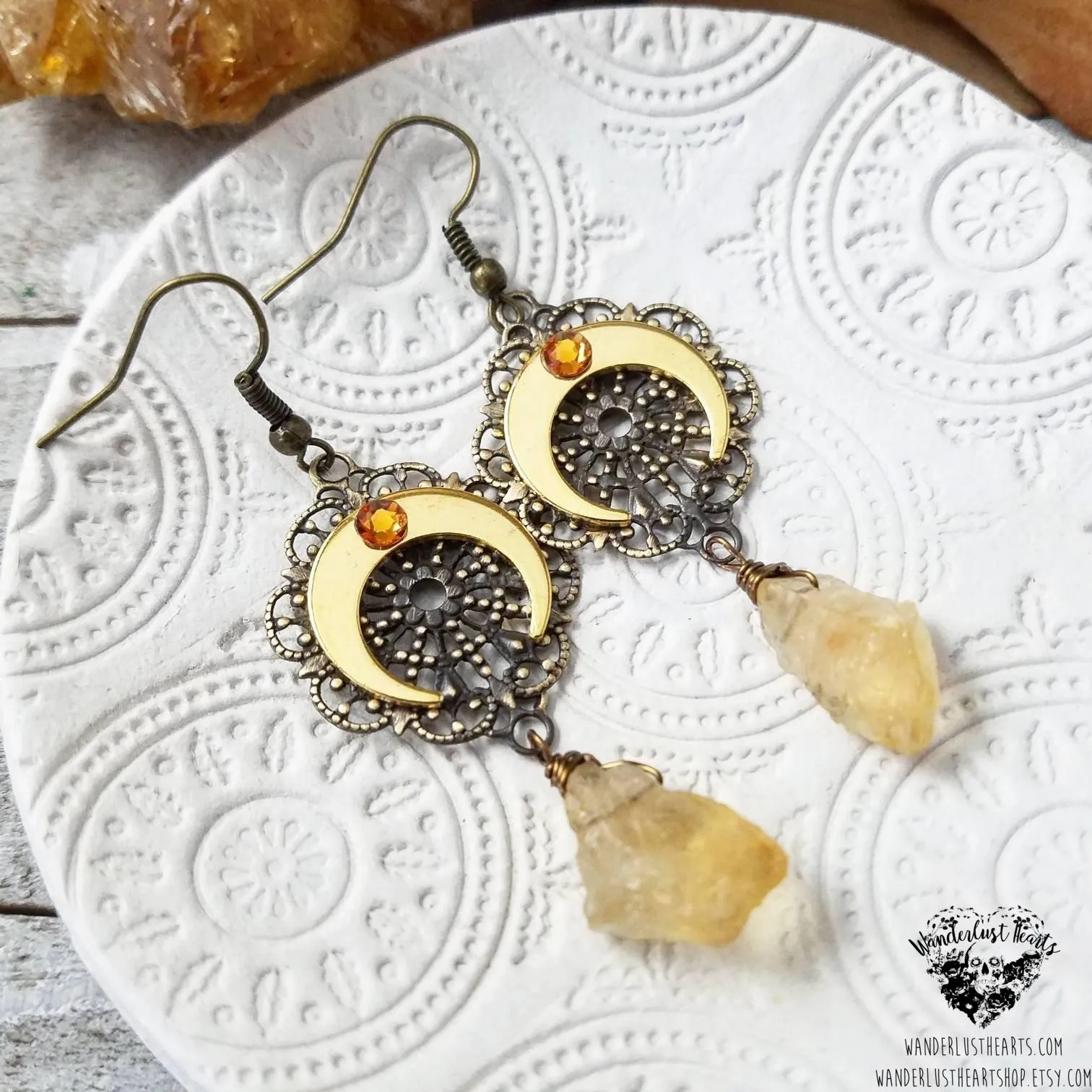 Citrine horn moon earrings