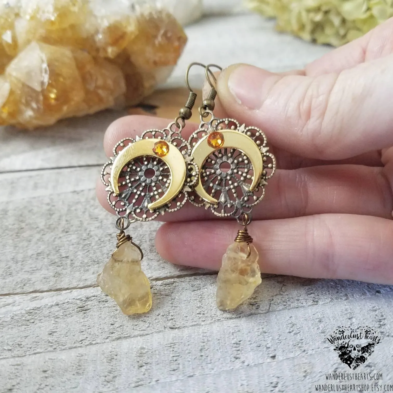 Citrine horn moon earrings