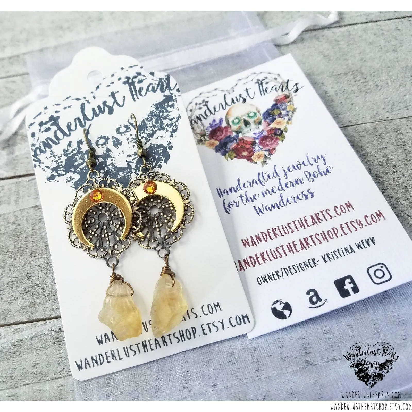 Citrine horn moon earrings