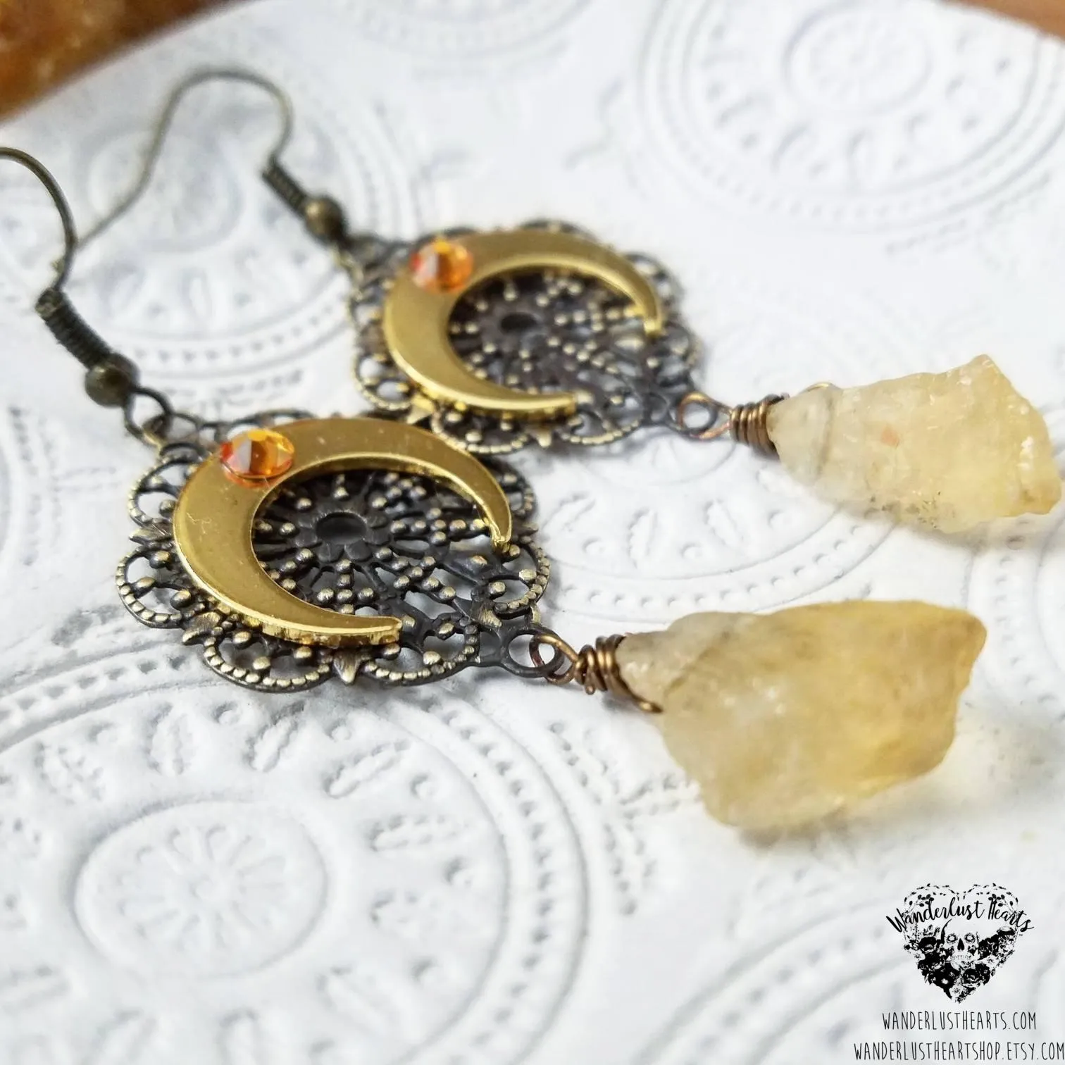 Citrine horn moon earrings