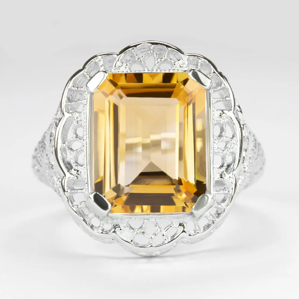 CITRINE STERLING SILVER RING VINTAGE STYLE FILIGREE ART DECO EMERALD CUT YELLOW