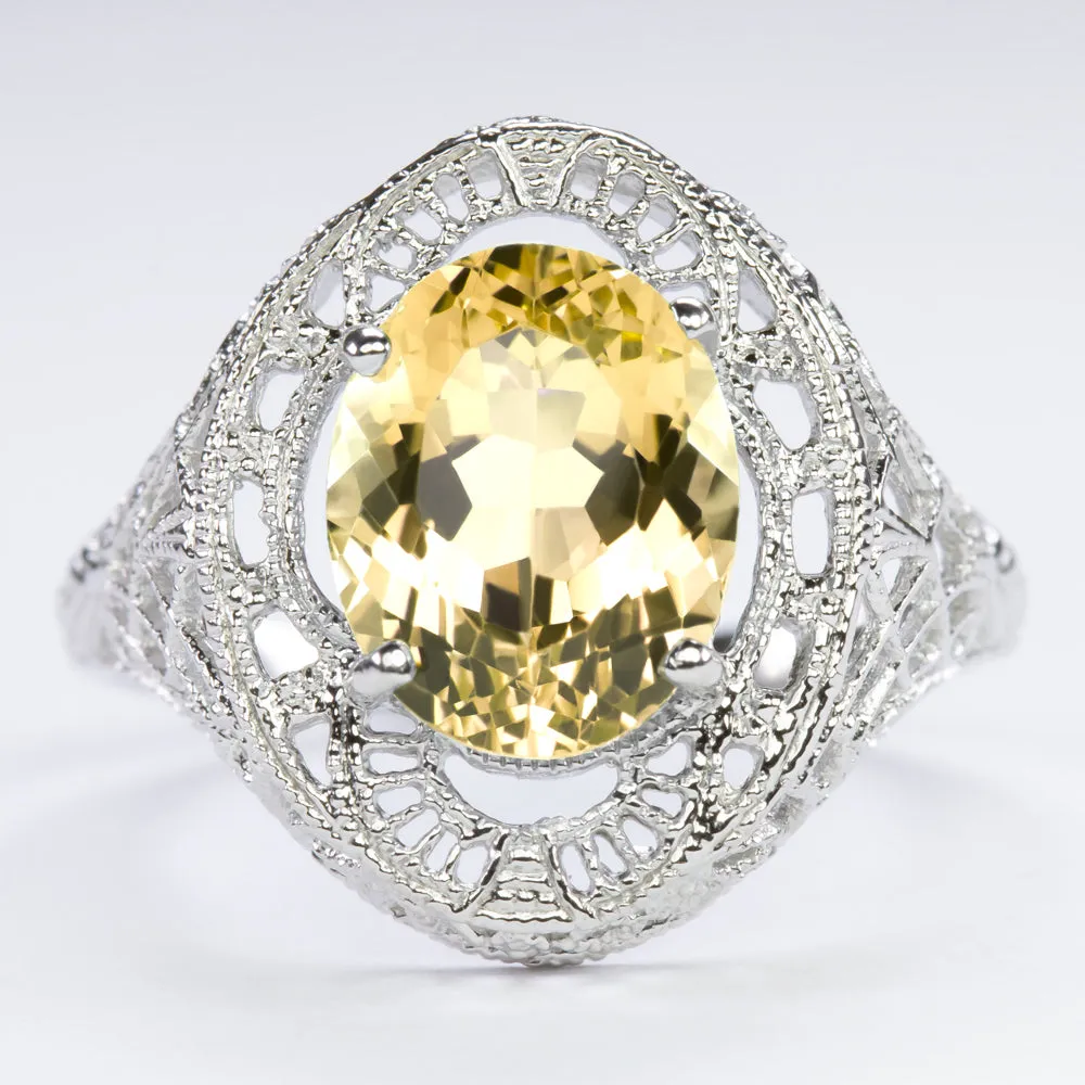 CITRINE STERLING SILVER RING VINTAGE STYLE OVAL CUT GEMSTONE FILIGREE SOLITAIRE