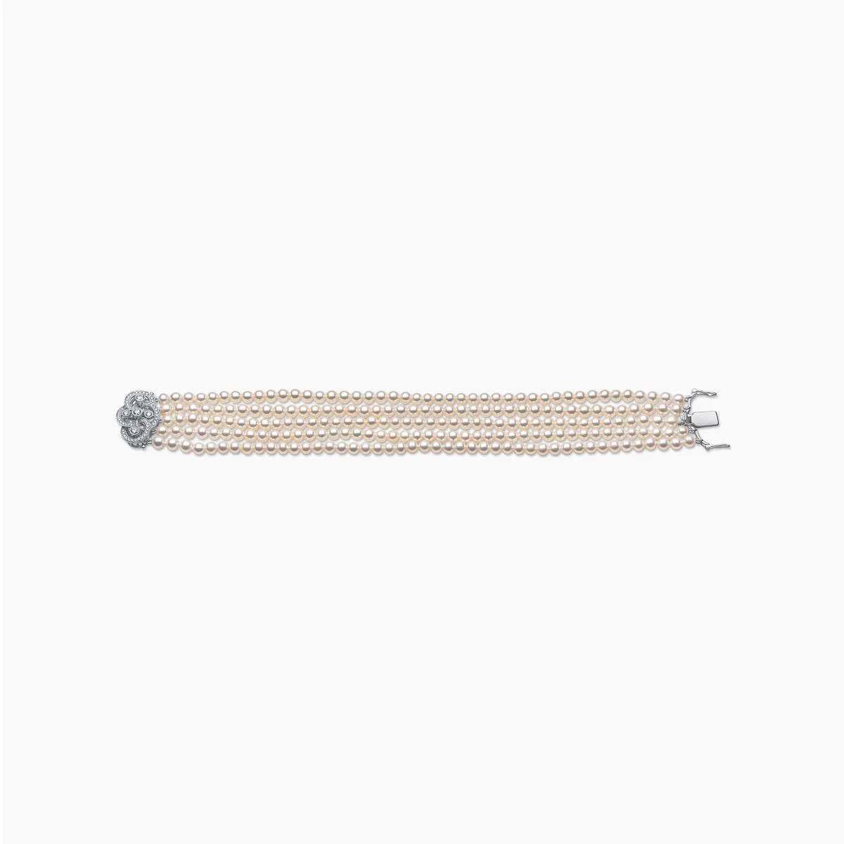 Classic 18K White Gold Pearl and Floral Diamond Clasp Bracelet