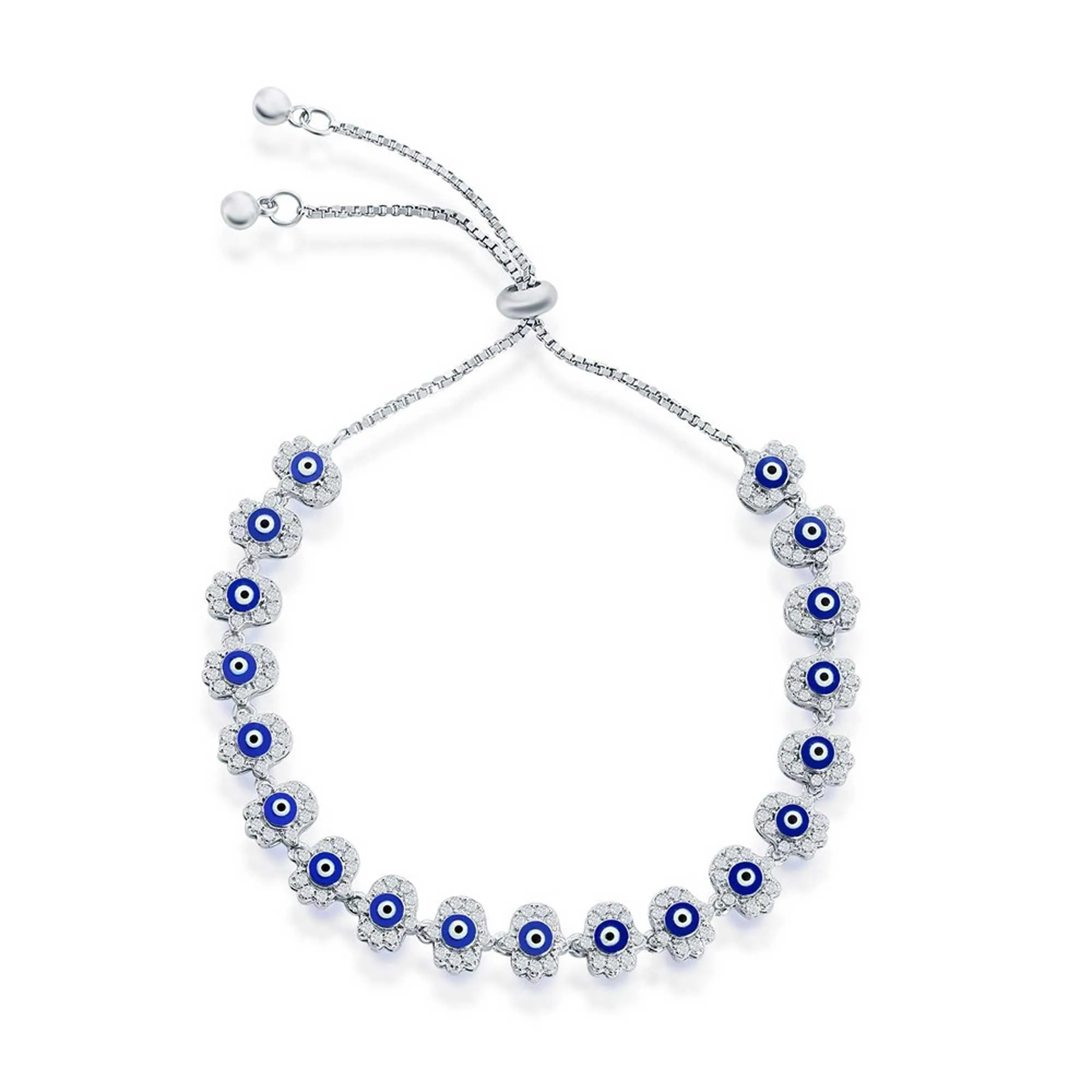Classic Women's Bracelet - Sterling Silver Blue Enamel Evil Eye CZ Hamsa | T-8020