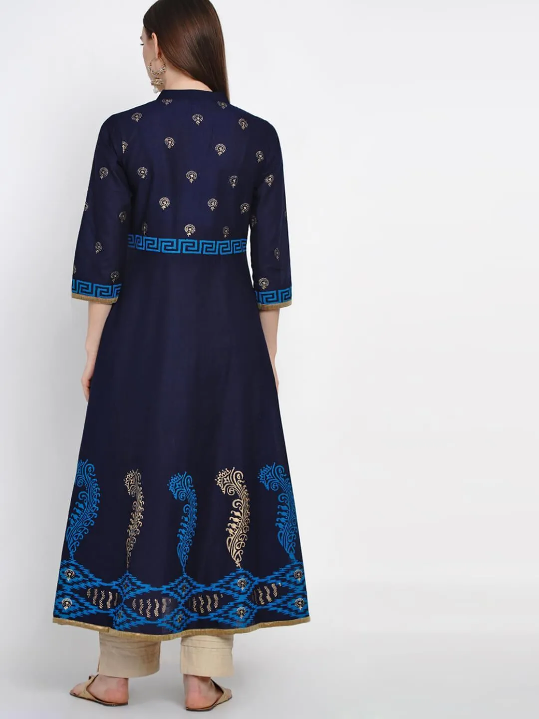 Coral Blue Cotton Anarkali with Ajrakh Hand Block Print