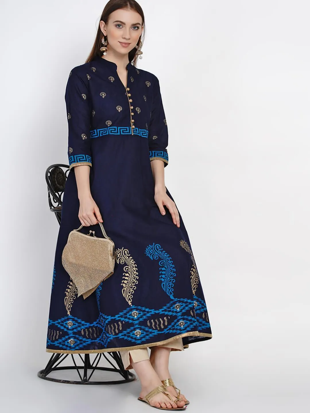 Coral Blue Cotton Anarkali with Ajrakh Hand Block Print