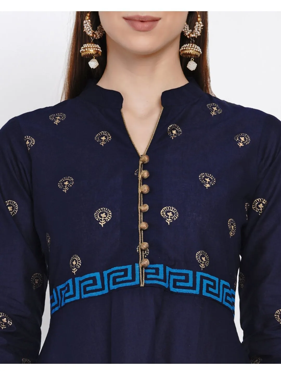 Coral Blue Cotton Anarkali with Ajrakh Hand Block Print