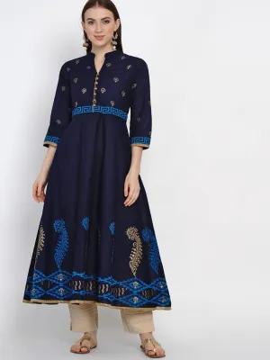 Coral Blue Cotton Anarkali with Ajrakh Hand Block Print