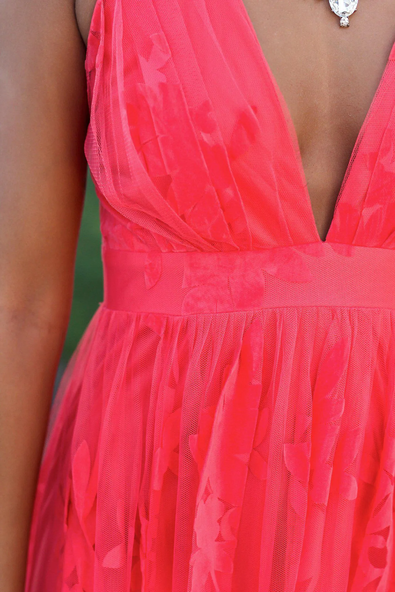 Coral Floral Tulle Maxi Dress with Criss Cross Back