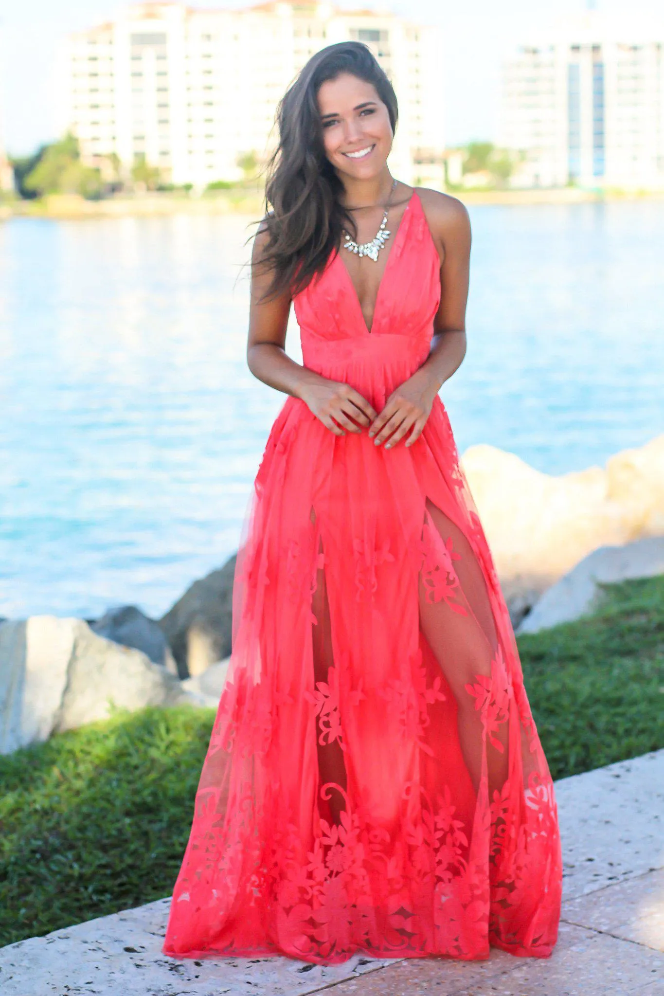 Coral Floral Tulle Maxi Dress with Criss Cross Back