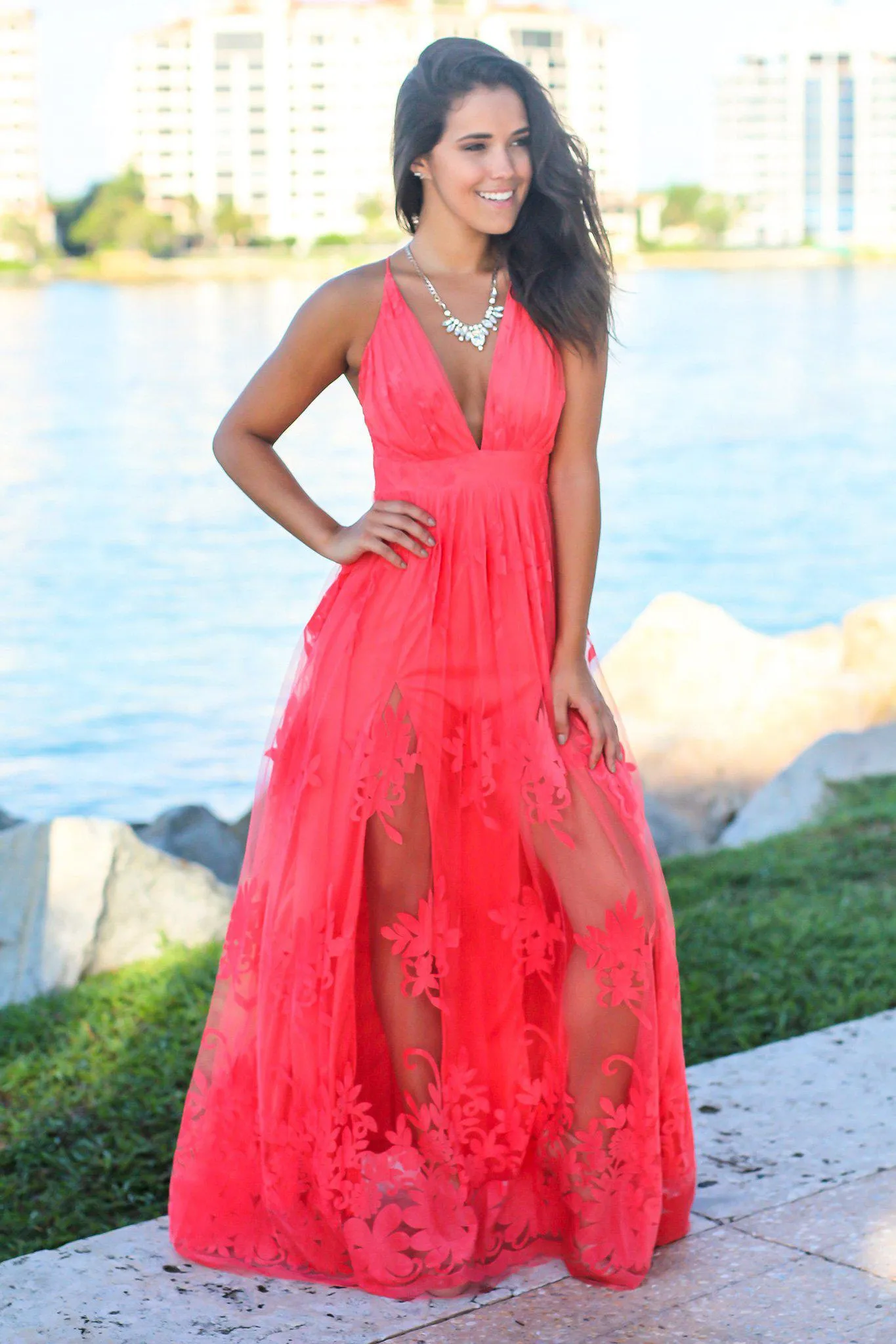 Coral Floral Tulle Maxi Dress with Criss Cross Back