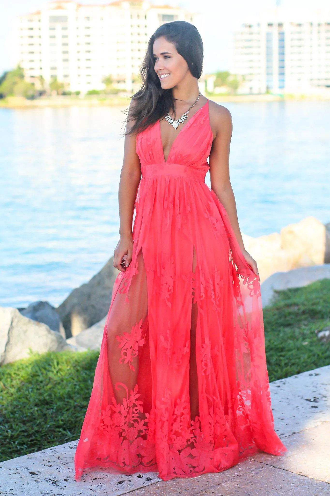 Coral Floral Tulle Maxi Dress with Criss Cross Back
