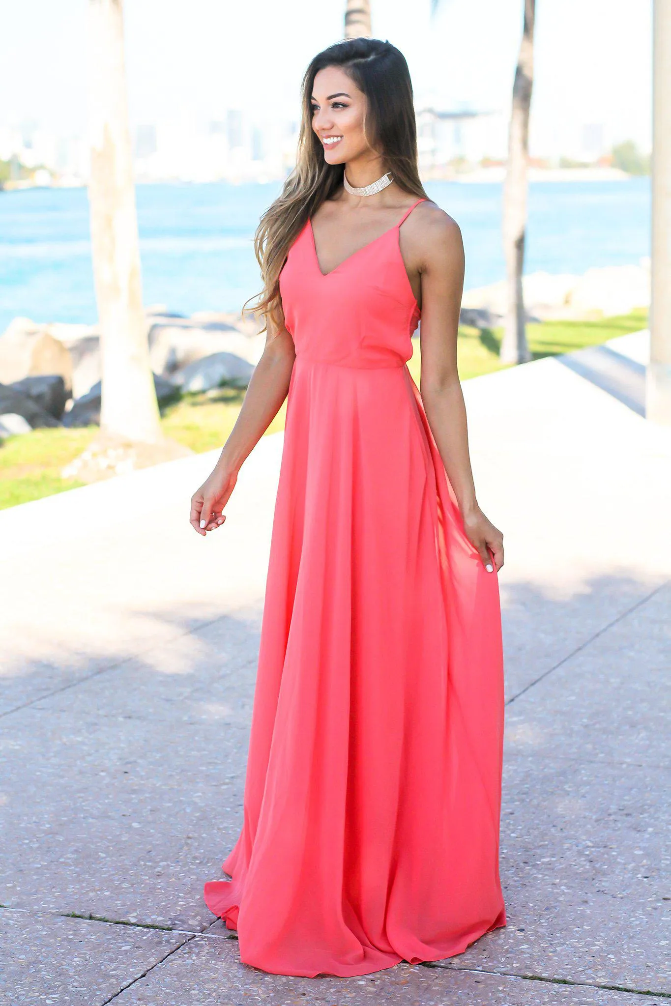 Coral Open Back Maxi Dress