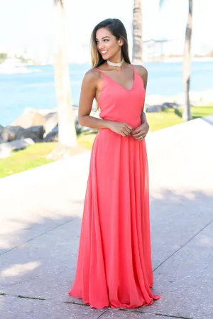 Coral Open Back Maxi Dress