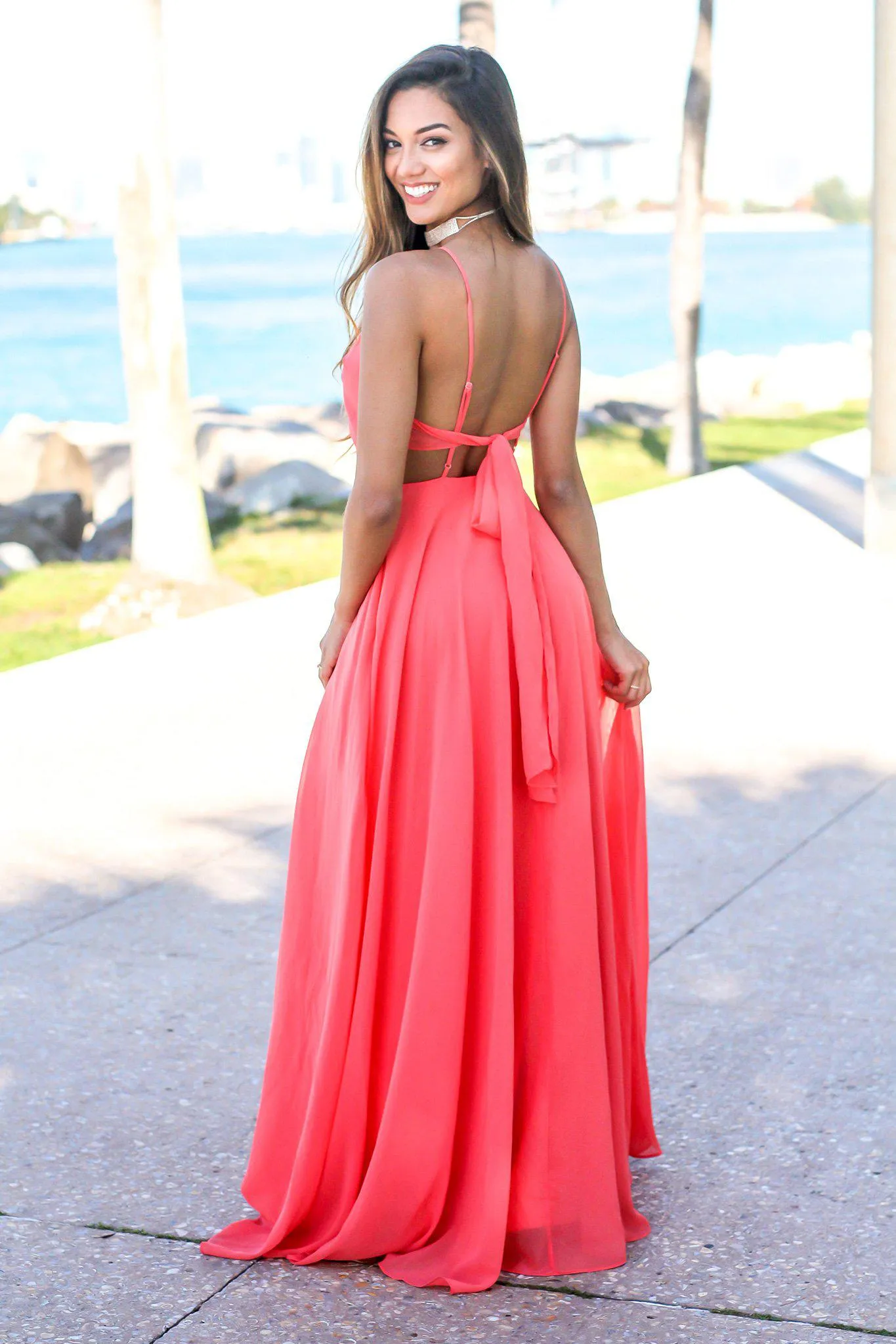 Coral Open Back Maxi Dress