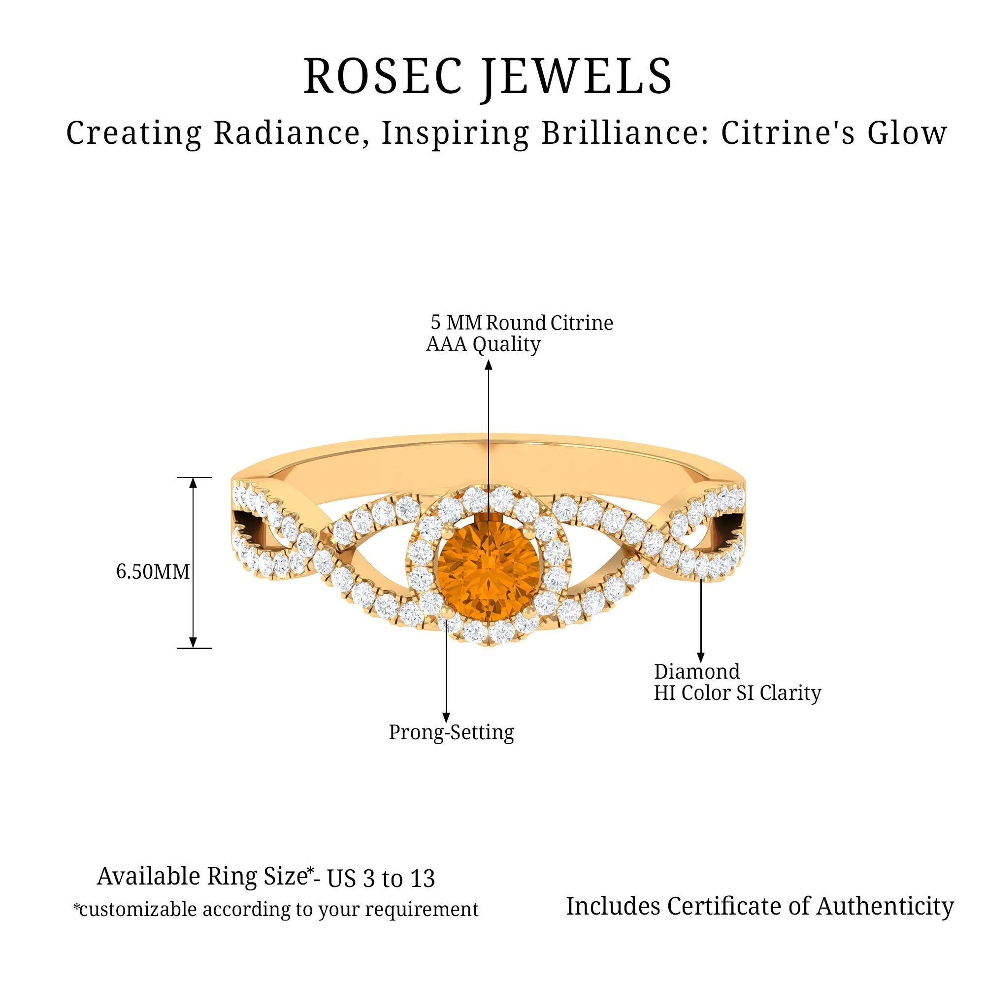 Criss Cross Shank Citrine and Diamond Halo Engagement Ring