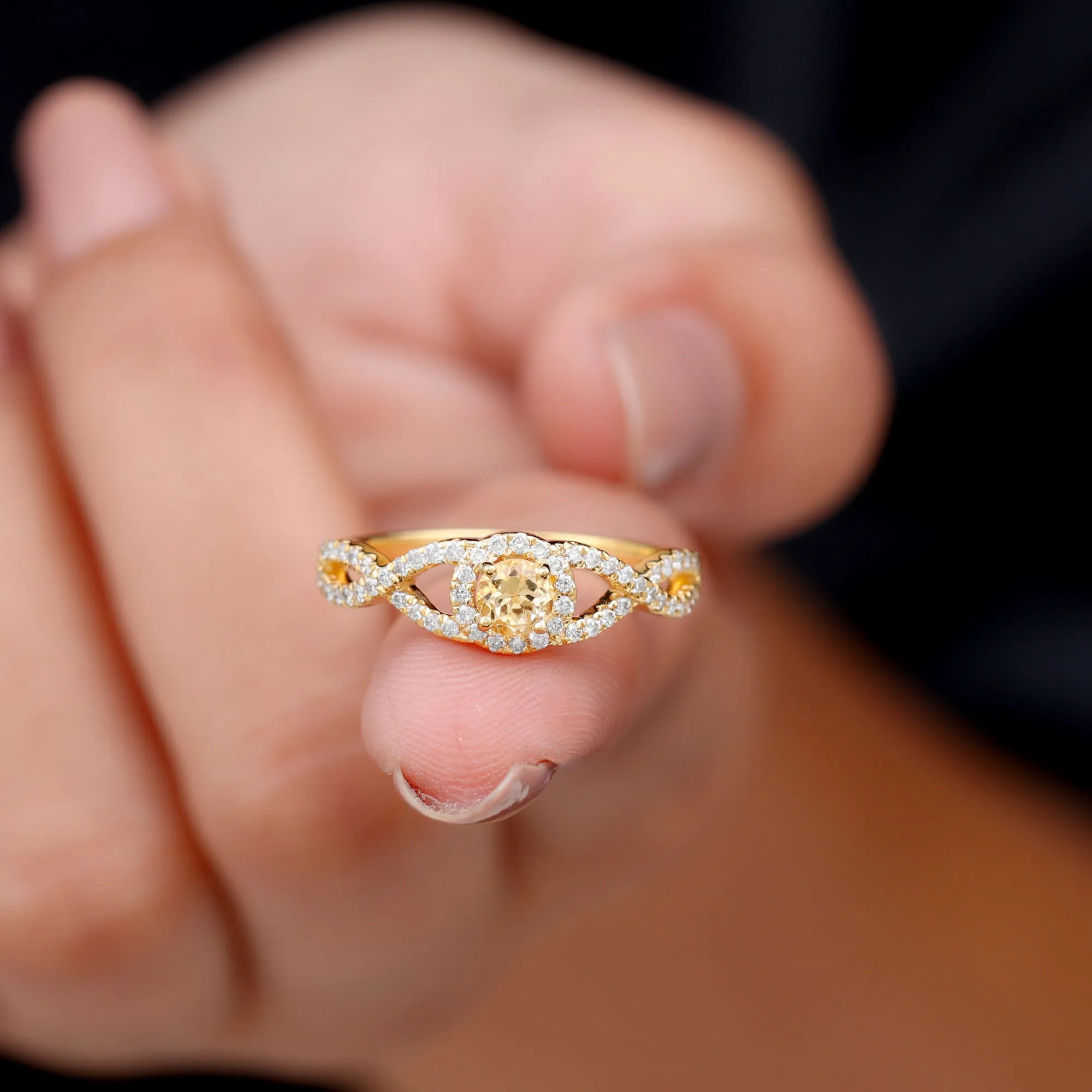 Criss Cross Shank Citrine and Diamond Halo Engagement Ring
