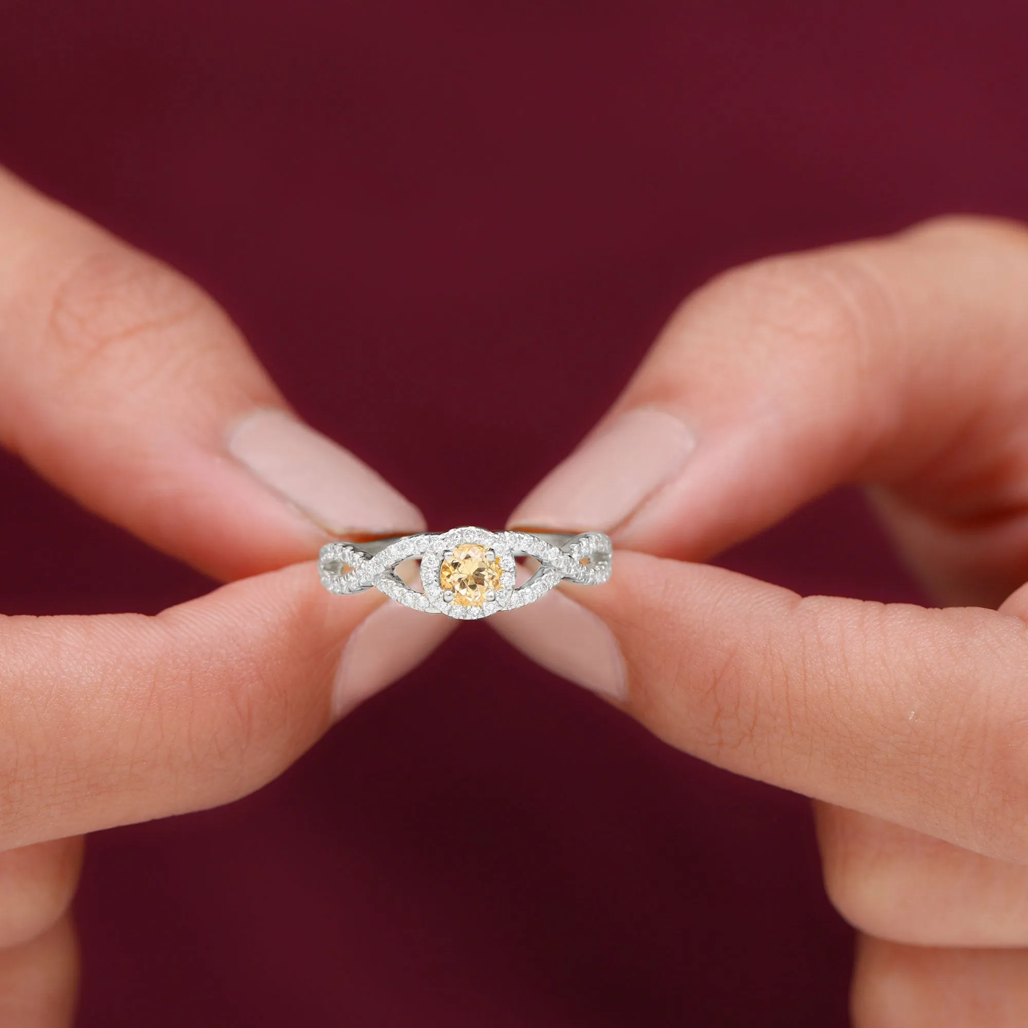 Criss Cross Shank Citrine and Diamond Halo Engagement Ring