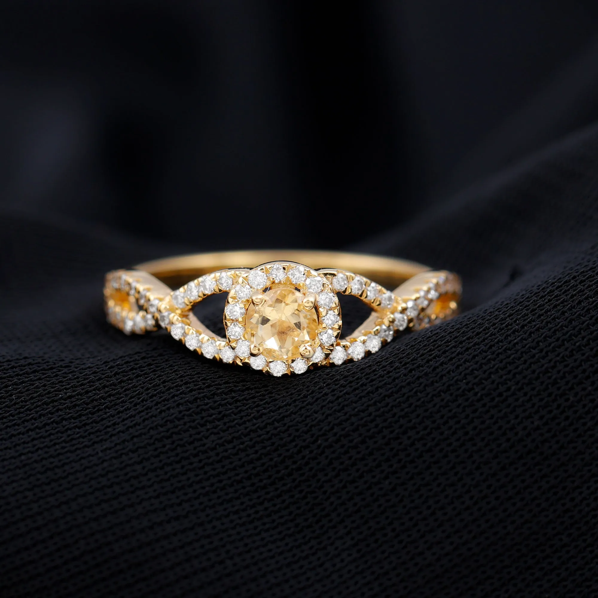 Criss Cross Shank Citrine and Diamond Halo Engagement Ring