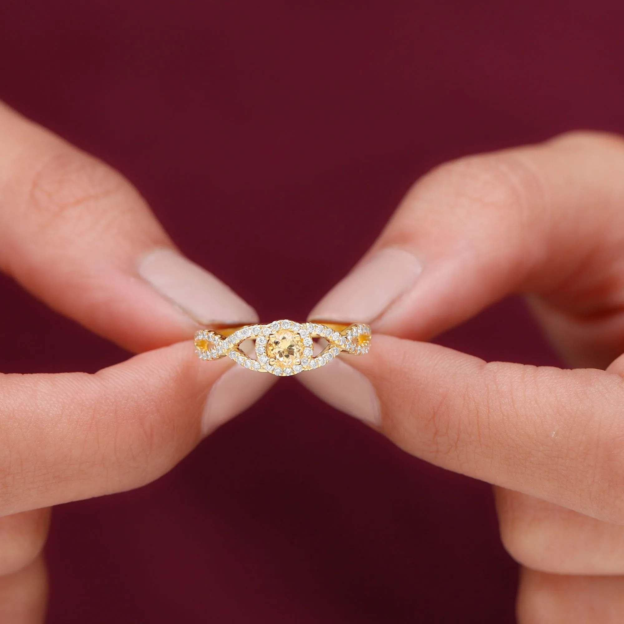 Criss Cross Shank Citrine and Diamond Halo Engagement Ring