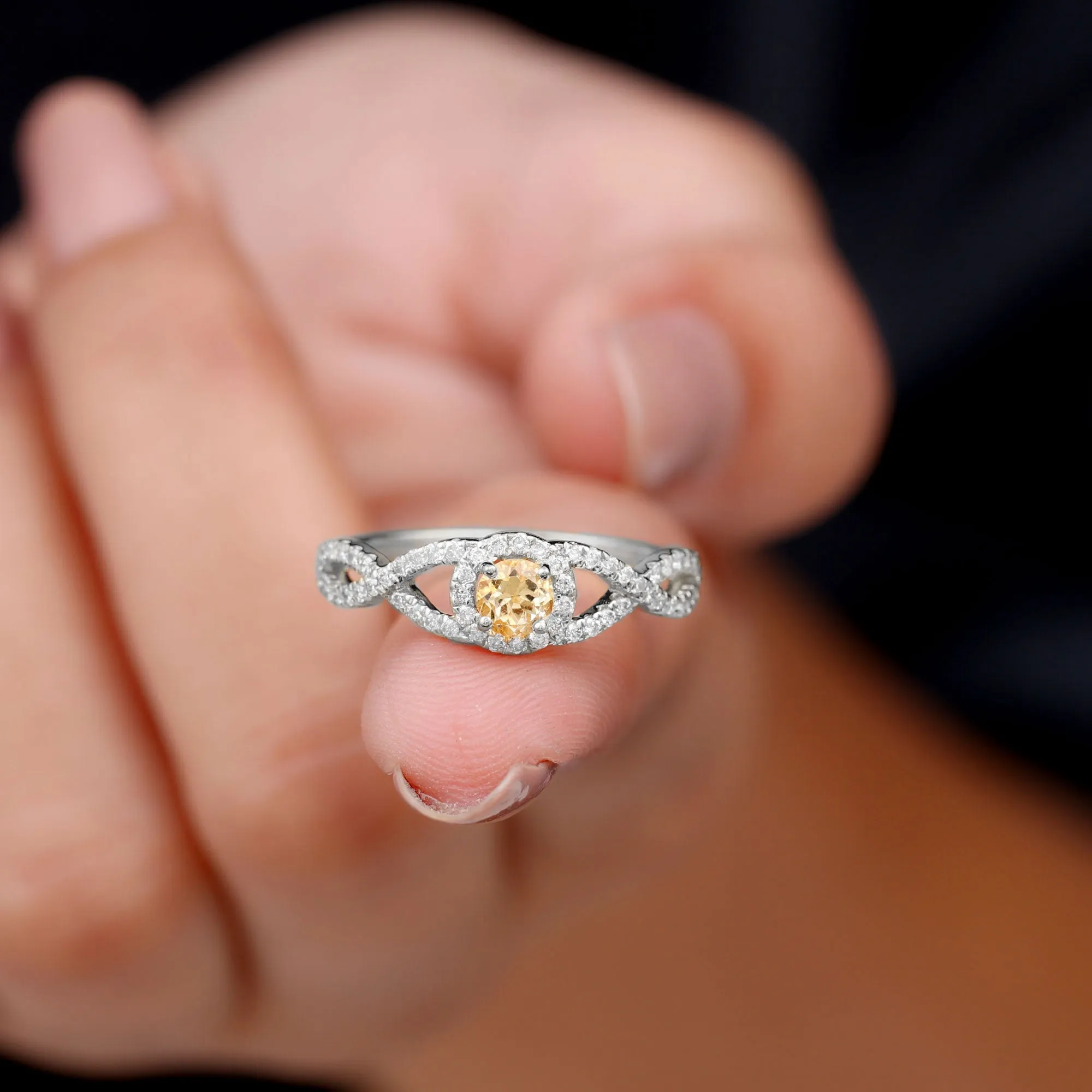 Criss Cross Shank Citrine and Diamond Halo Engagement Ring