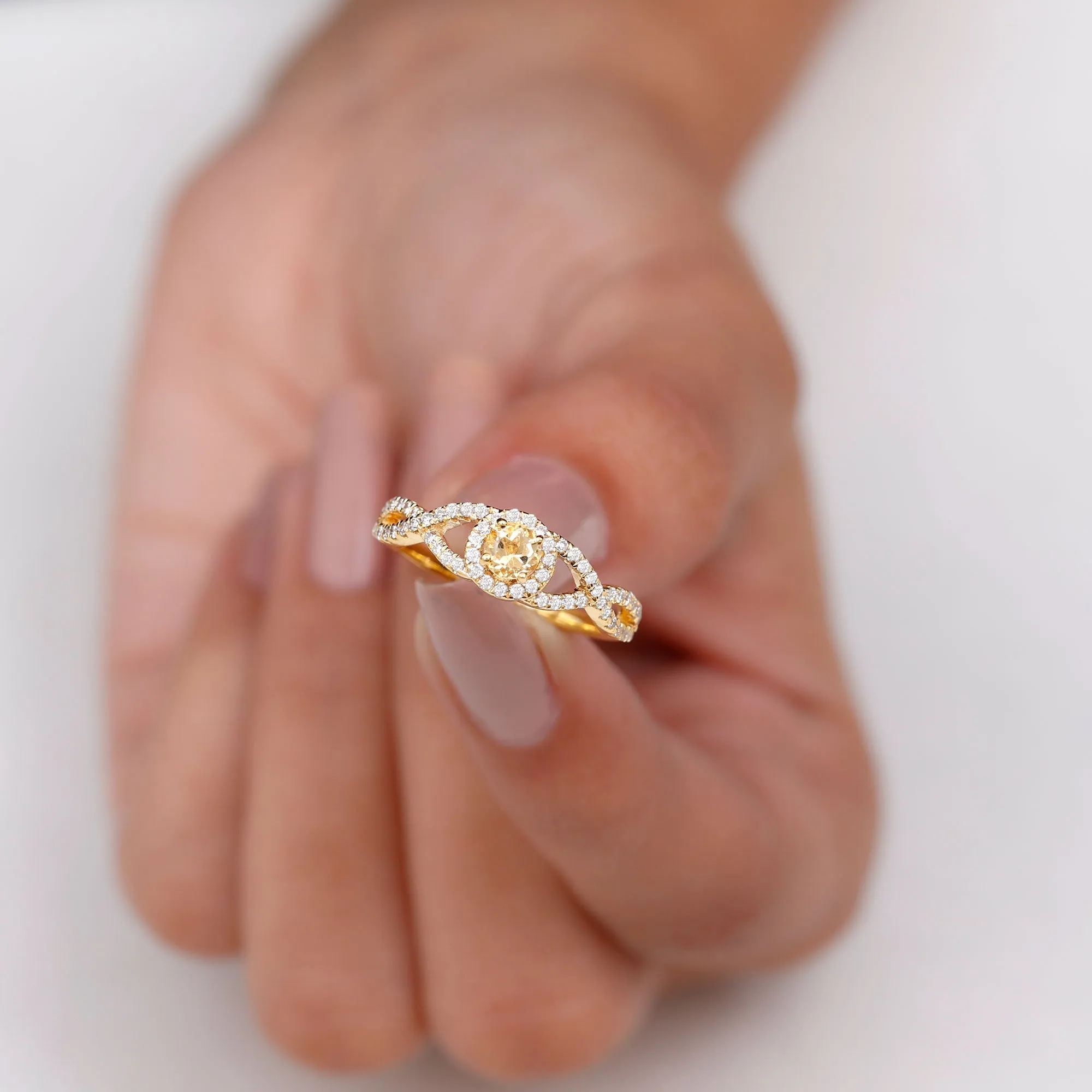 Criss Cross Shank Citrine and Diamond Halo Engagement Ring