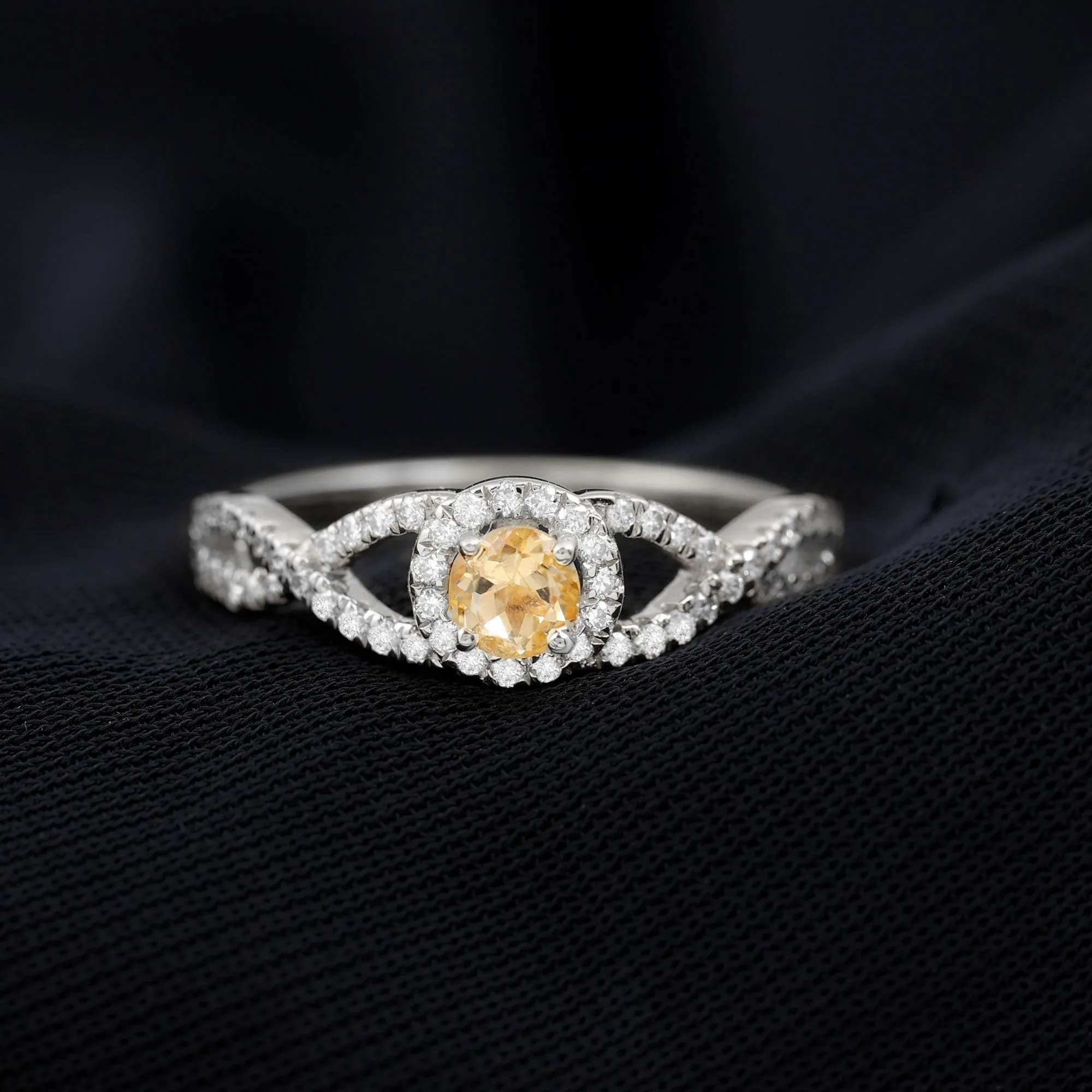 Criss Cross Shank Citrine and Diamond Halo Engagement Ring