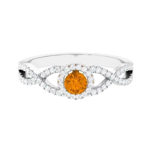 Criss Cross Shank Citrine and Diamond Halo Engagement Ring