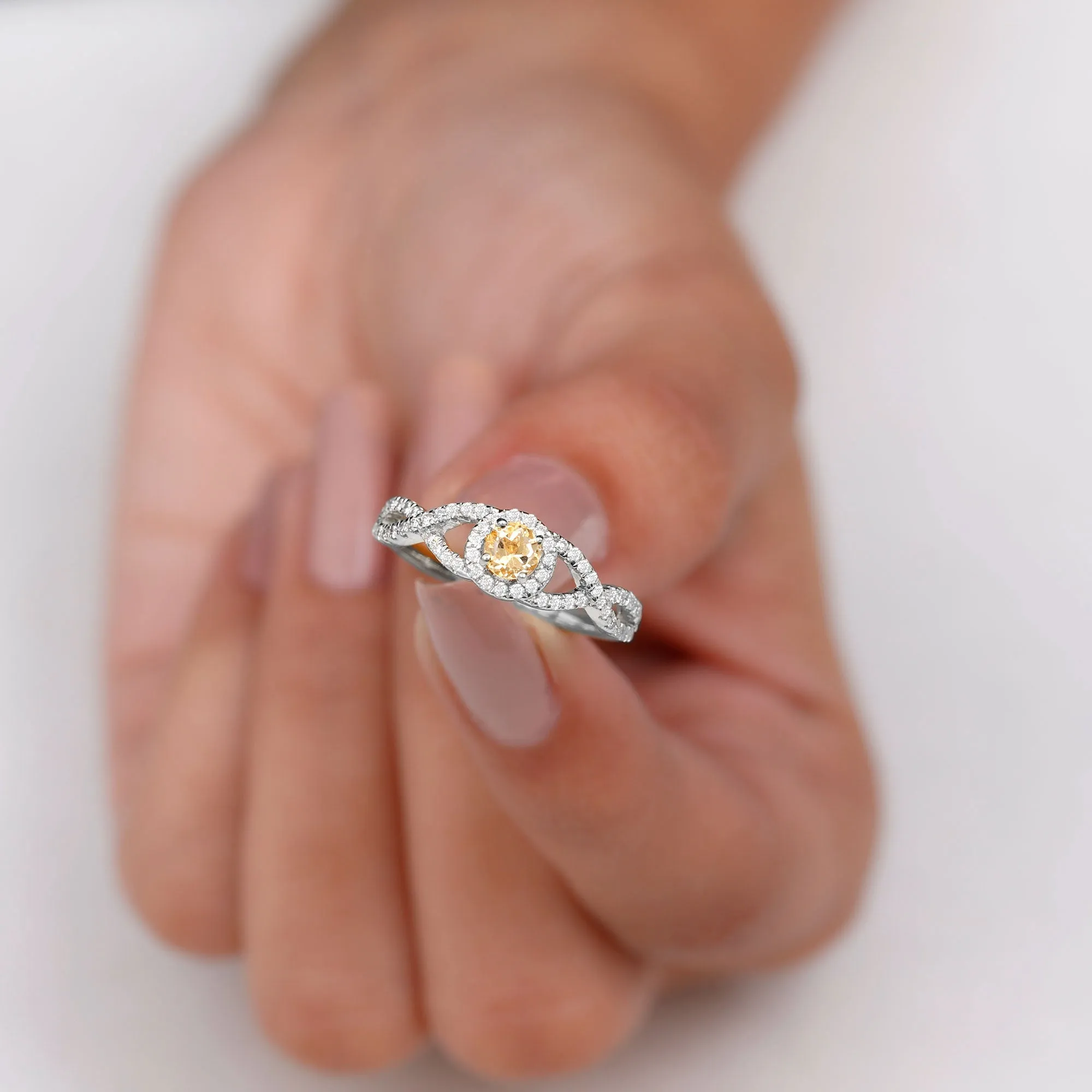Criss Cross Shank Citrine and Diamond Halo Engagement Ring